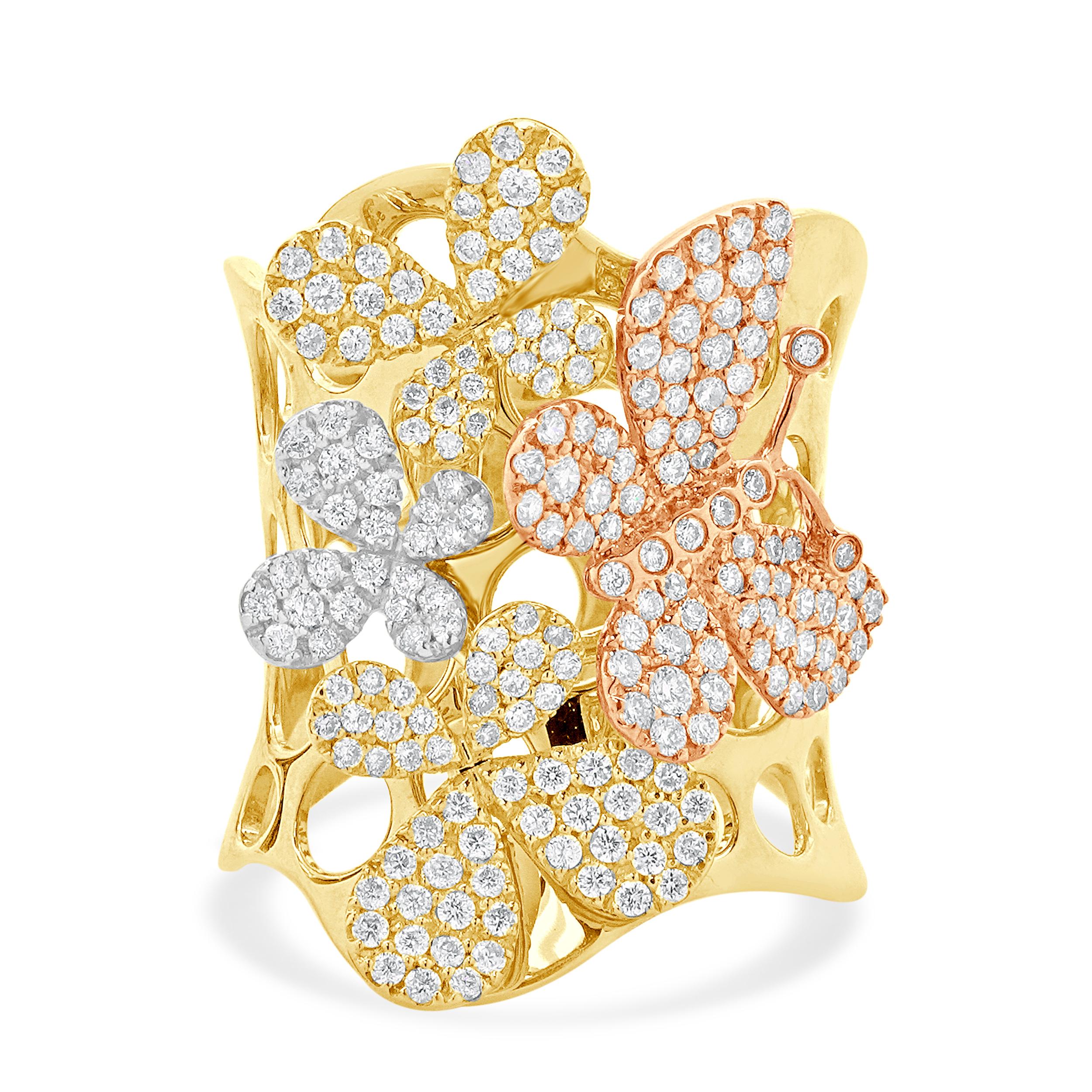 14 Karat Yellow, White, and Rose Gold Pave Diamond Butterfly Stack Ring For Sale