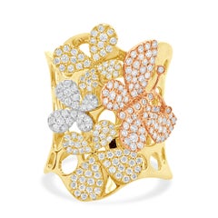 14 Karat Yellow, White, and Rose Gold Pave Diamond Butterfly Stack Ring