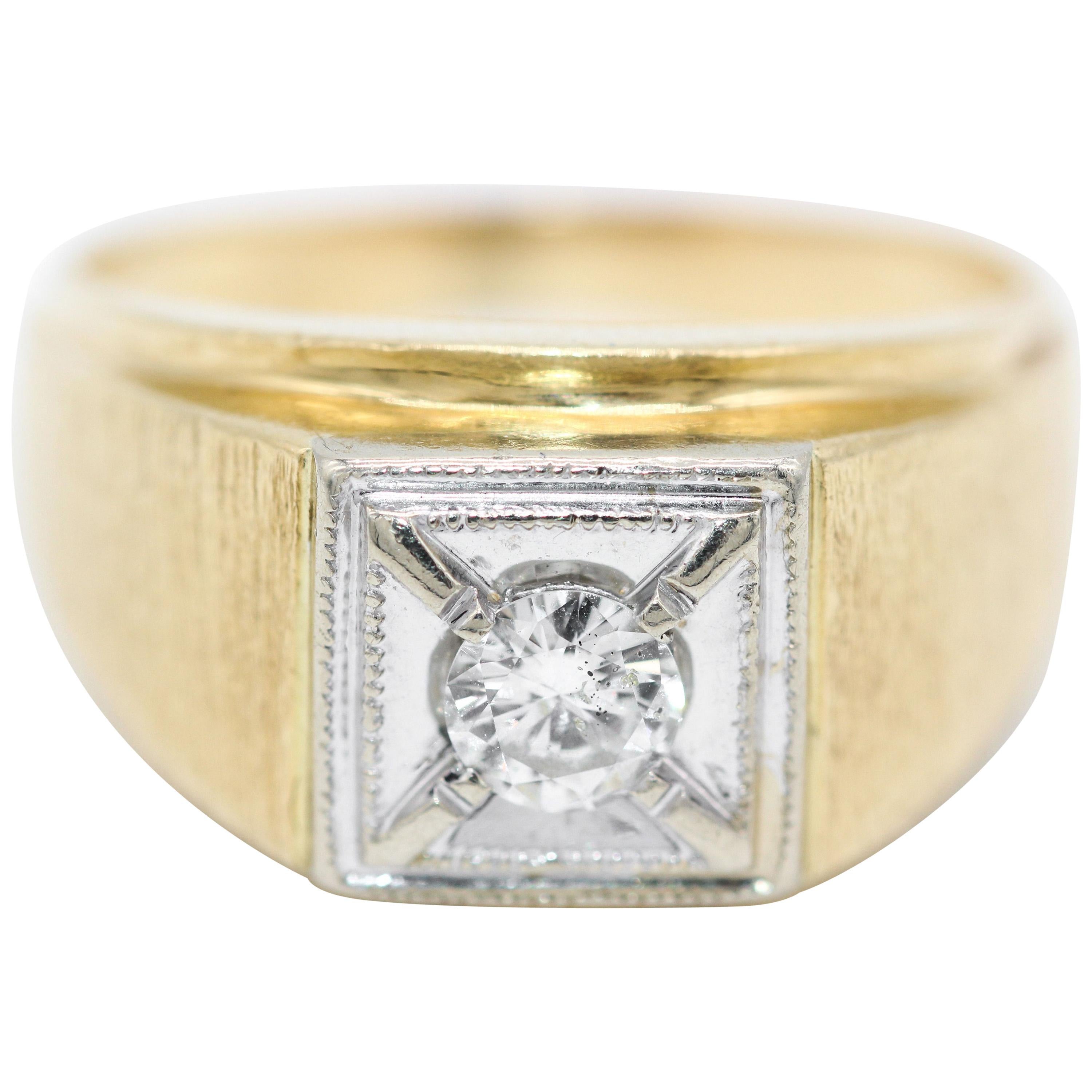 14 Karat Yellow & White Gold 0.38 Carat Solitaire Diamond Gentlemens Signet Ring For Sale