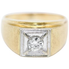 14 Karat Yellow & White Gold 0.38 Carat Solitaire Diamond Gentlemens Signet Ring