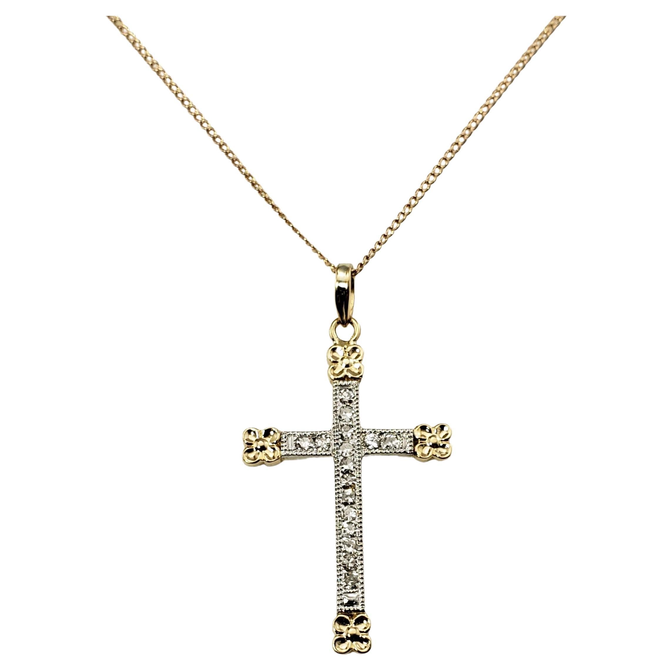 14 Karat Yellow/White Gold and Diamond Cross Pendant Necklace For Sale