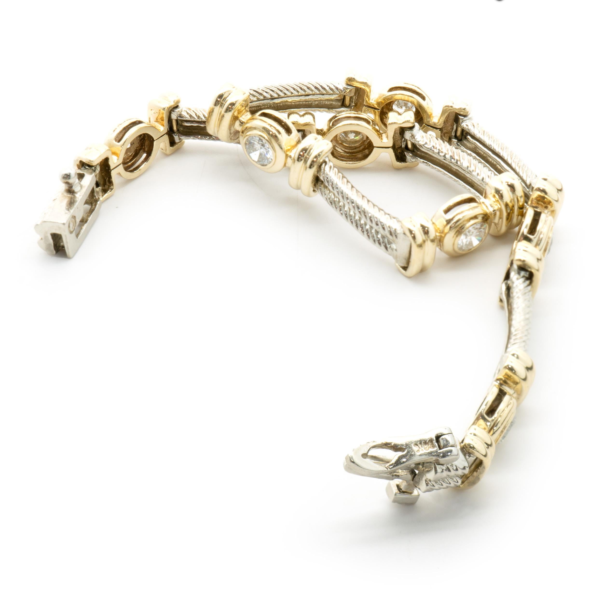 Round Cut 14 Karat Yellow & White Gold Bezel Set Diamond Bar Bracelet For Sale