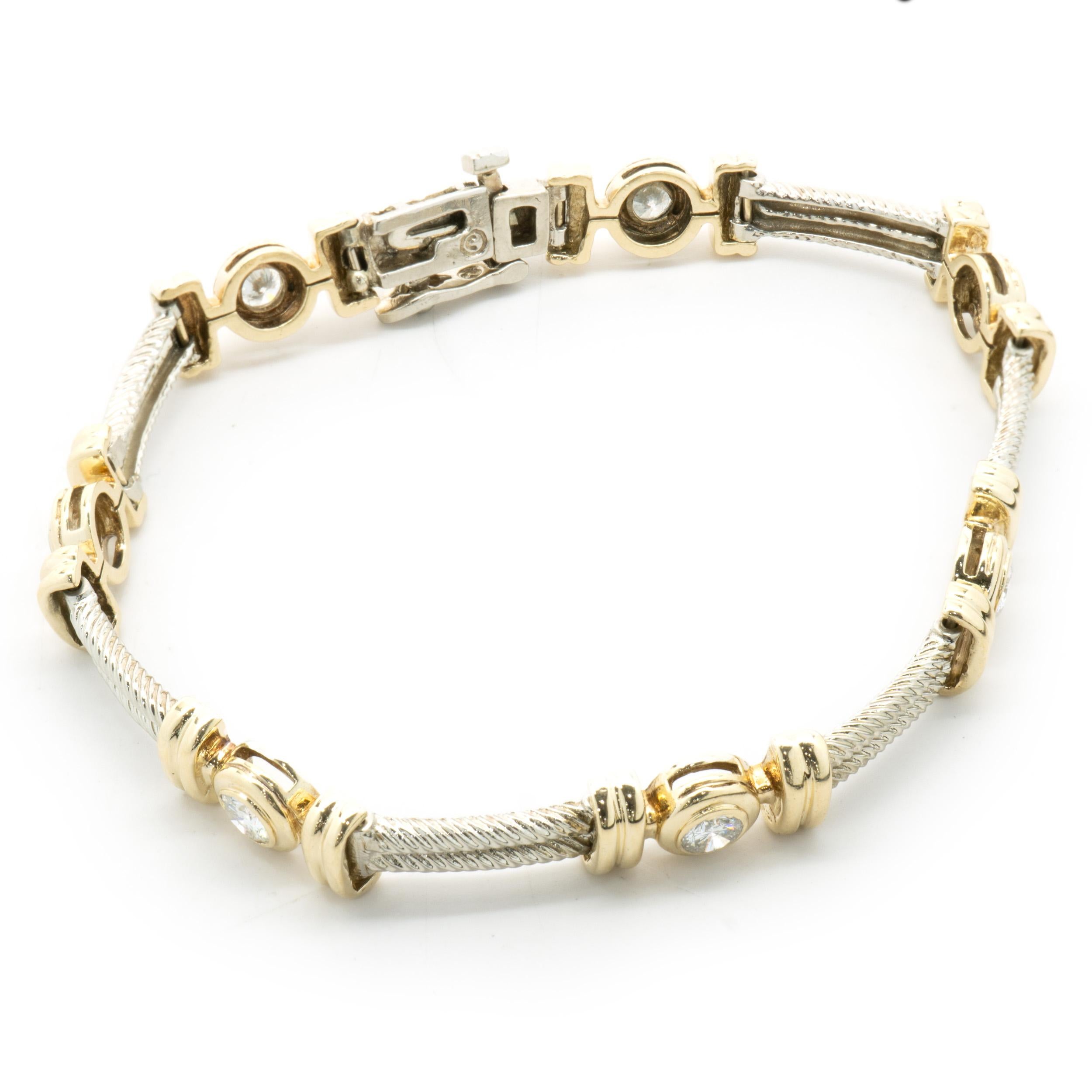 14 Karat Yellow & White Gold Bezel Set Diamond Bar Bracelet In Excellent Condition For Sale In Scottsdale, AZ