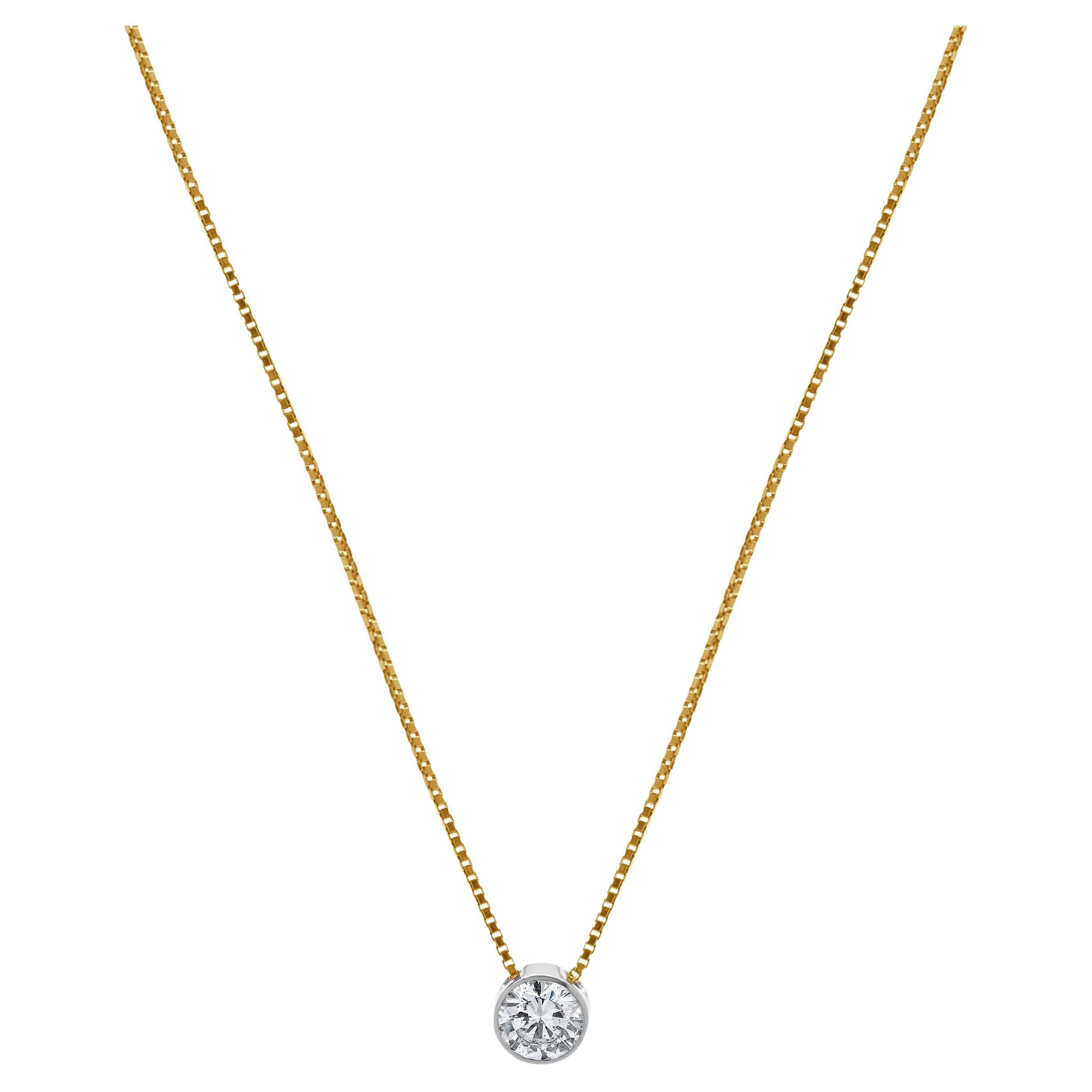 14 Karat Yellow & White Gold Bezel Set Diamond Solitaire Necklace
