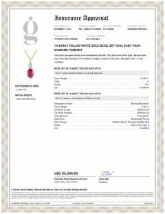 Rubí ovalado engastado en bisel de oro blanco amarillo de 14 quilates  Colgante de diamante pera