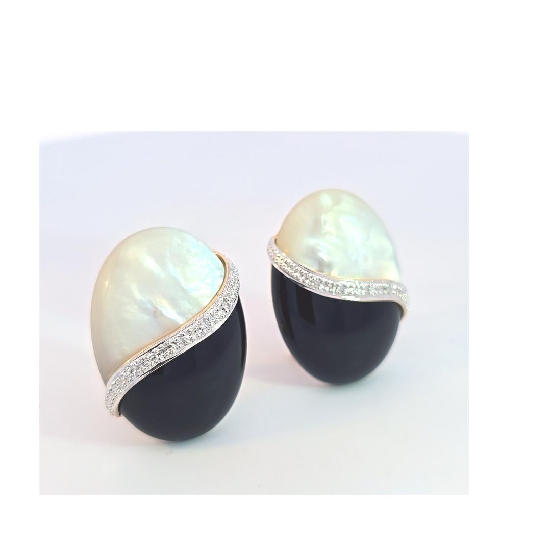 14 Karat Gelbweißgold Schwarzer Onyx Perlmutt Diamant Ohrringe im Zustand „Gut“ im Angebot in Dallas, TX