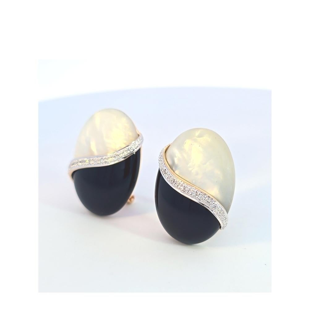14 Karat Gelbweißgold Schwarzer Onyx Perlmutt Diamant Ohrringe für Damen oder Herren im Angebot
