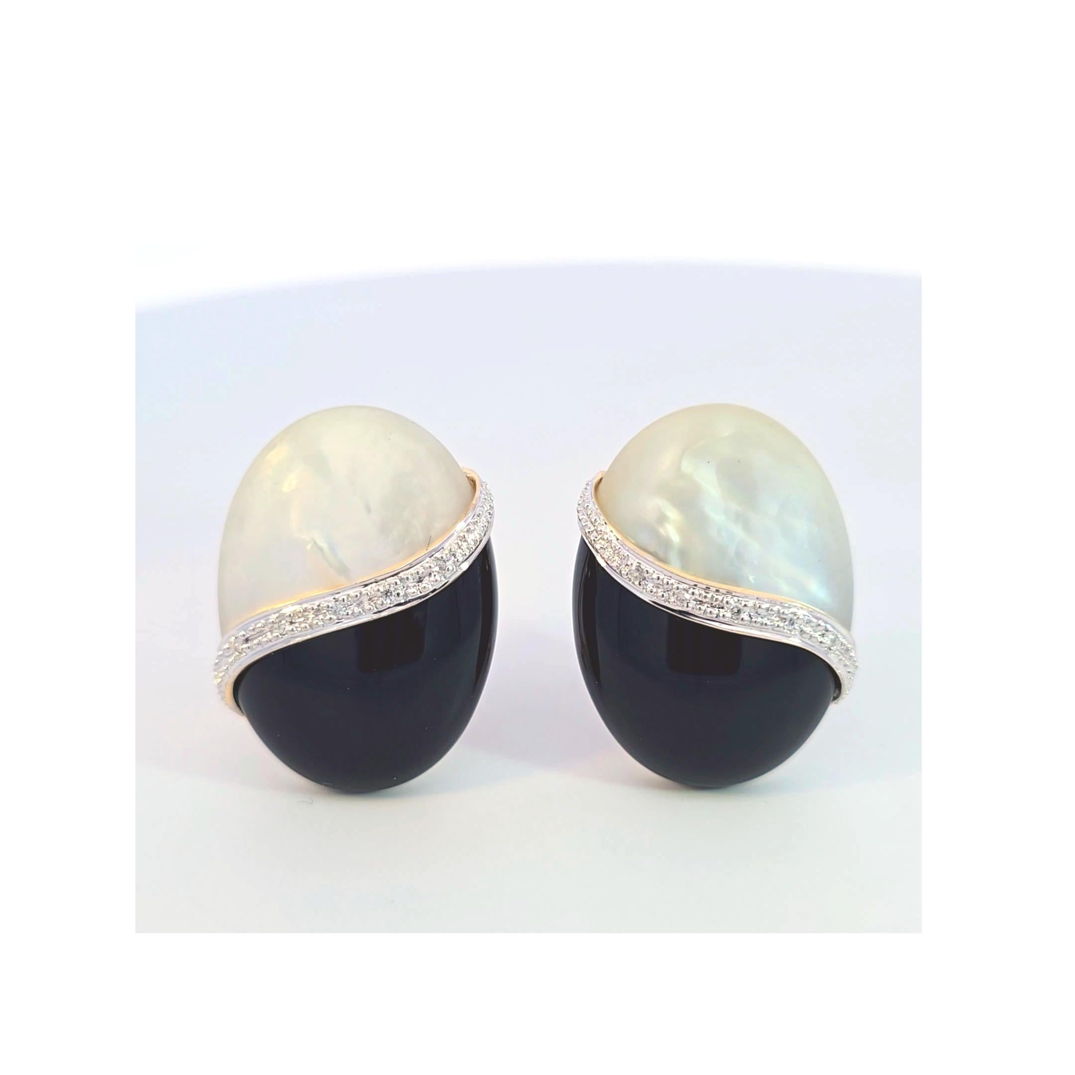 14 Karat Gelbweißgold Schwarzer Onyx Perlmutt Diamant Ohrringe im Angebot 1