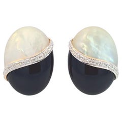 14 Karat Yellow White Gold Black Onyx Mother of Pearl Diamond Earrings