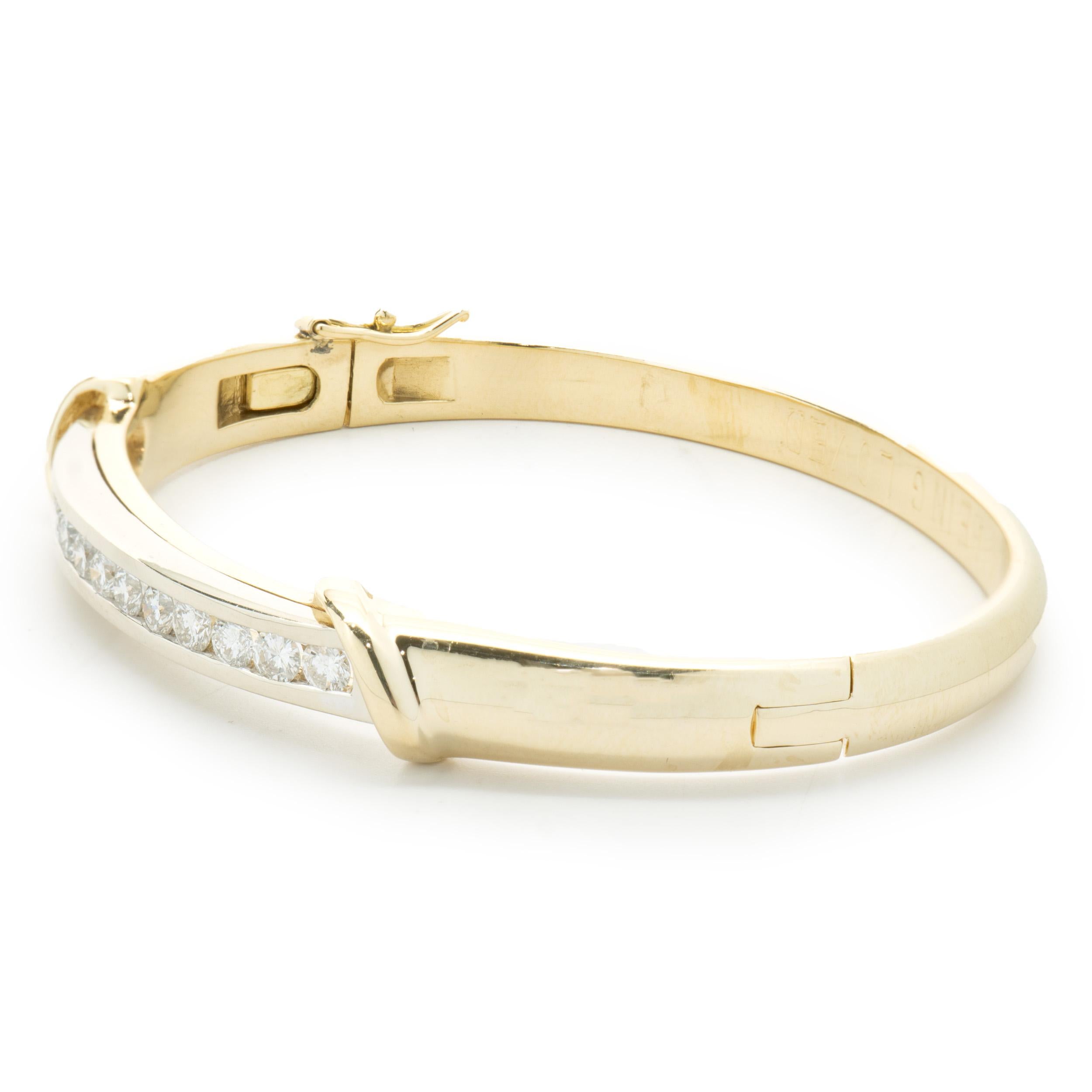 Round Cut 14 Karat Yellow & White Gold Channel Set Diamond Bangle Bracelet For Sale