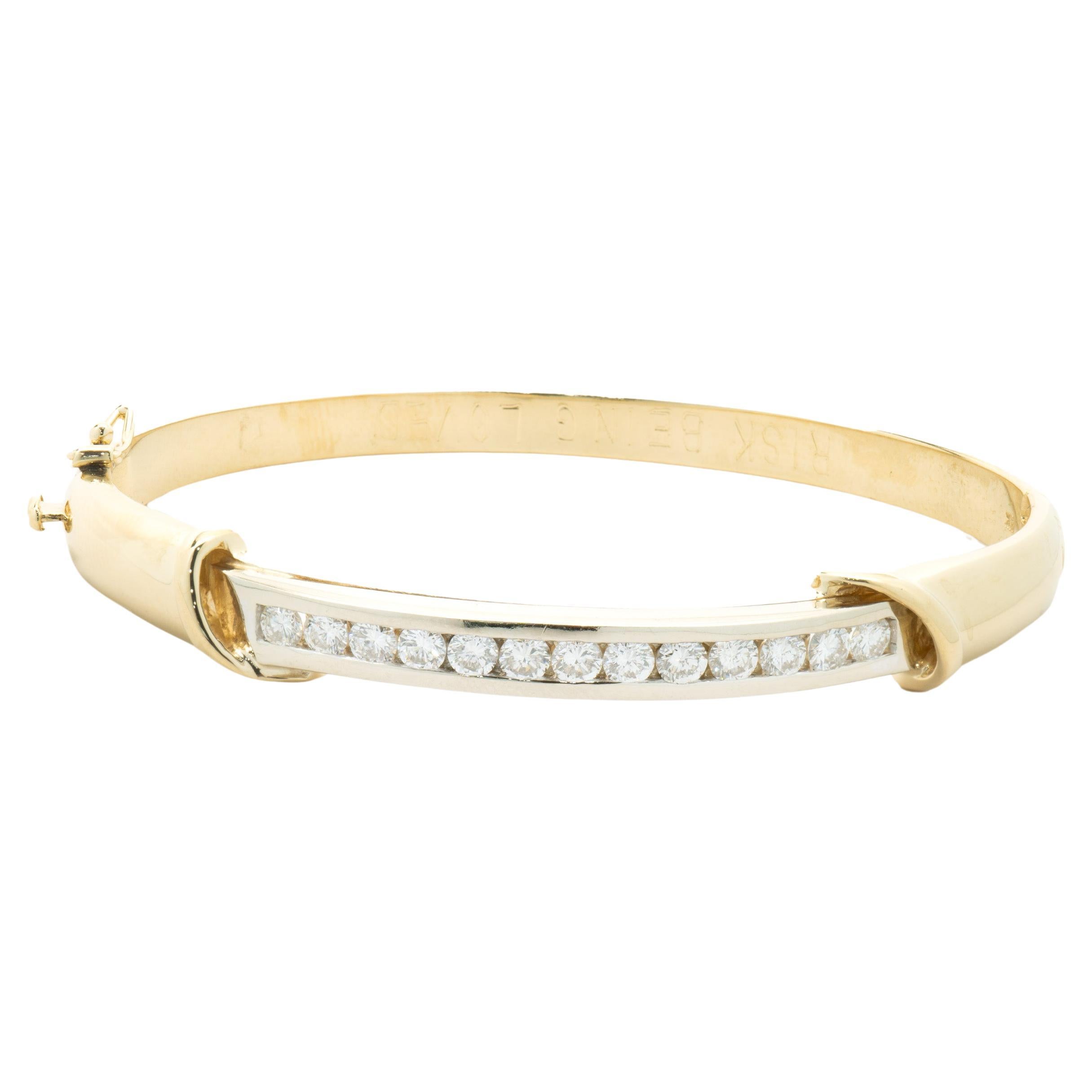 14 Karat Yellow & White Gold Channel Set Diamond Bangle Bracelet For Sale