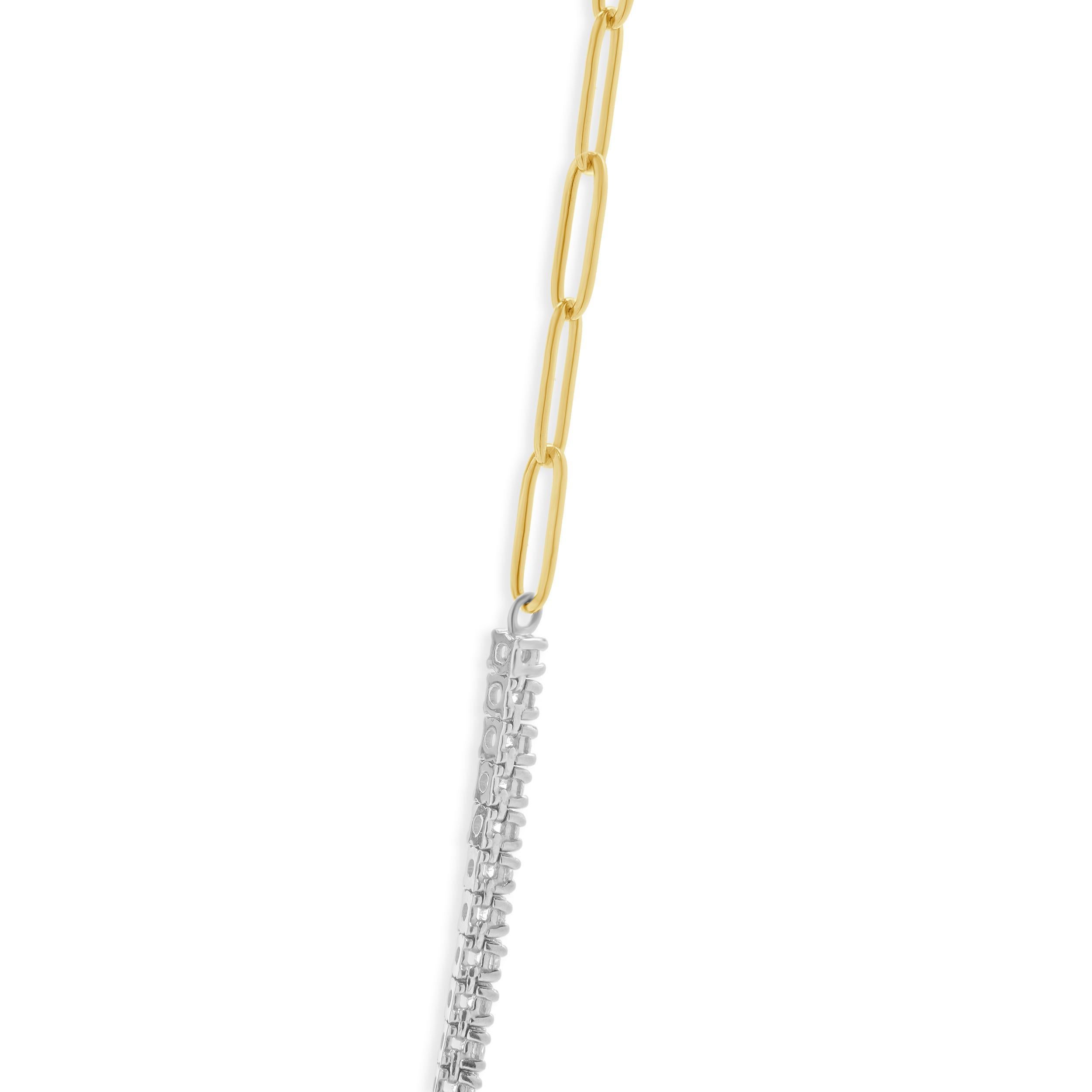 Designer: personalizzato
Materiale: Oro giallo e bianco 14K
Diamanti: taglio brillante rotondo = 3,43cttw
Colore: G
Chiarezza: SI1
Dimensioni: la collana misura 18 pollici di lunghezza
Peso: 11.71 grammi