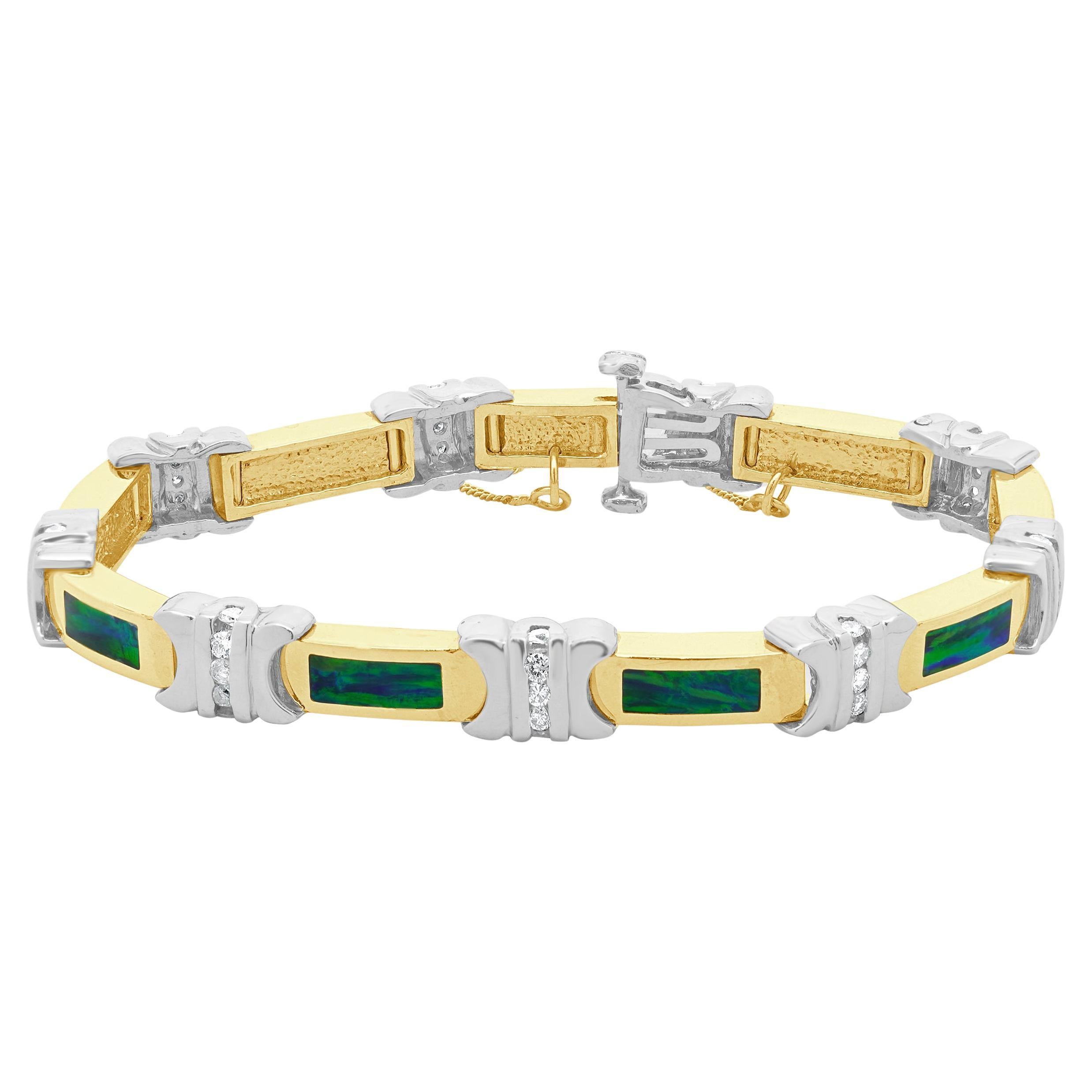 14 Karat Yellow & White Gold Diamond and Opal Inlay Bracelet