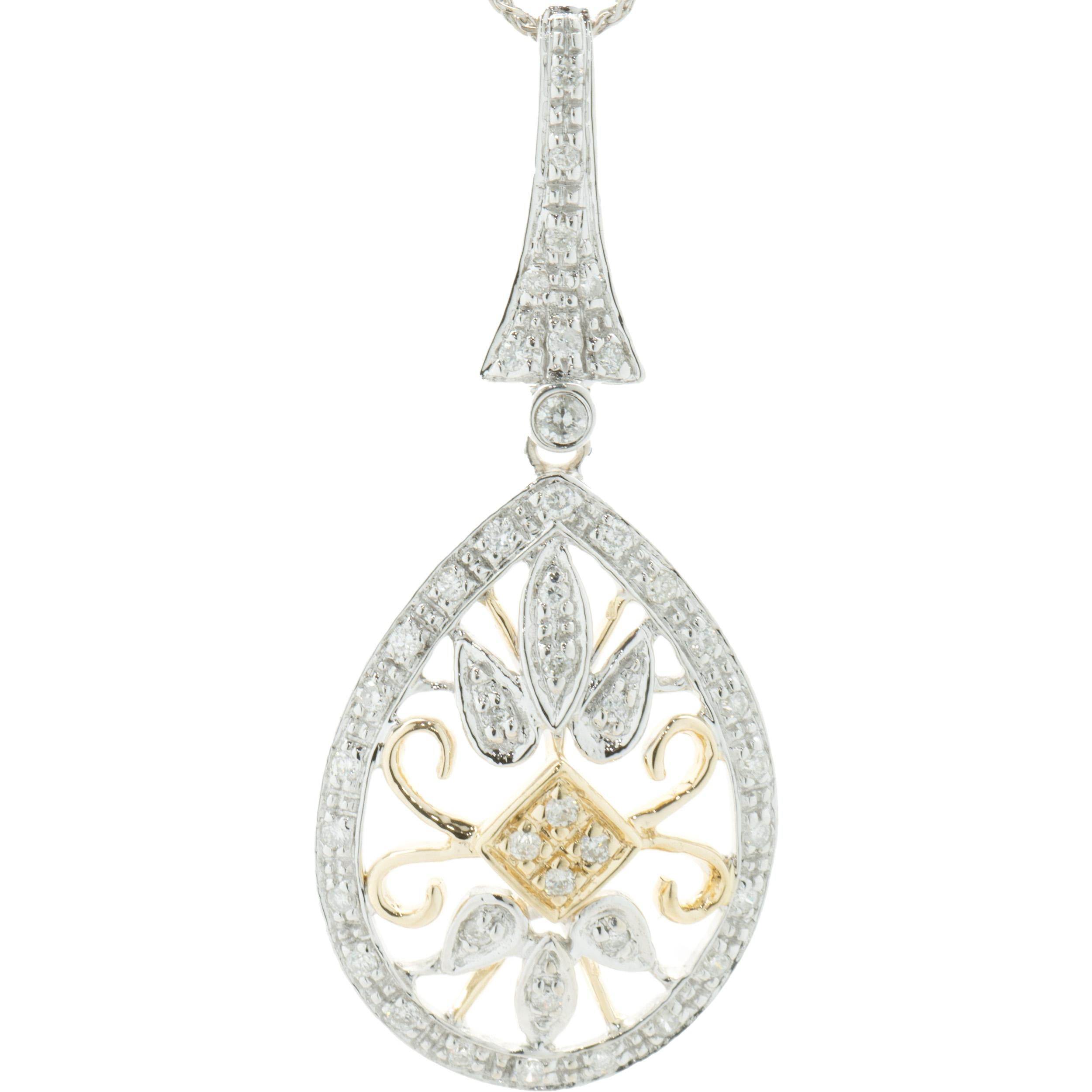 Designer: custom
Material: 14K yellow & white gold
Diamonds: 42 round brilliant cut = 0.42cttw
Color: G
Clarity: SI1
Dimensions: necklace measures 18-inches in length 
Weight: 4.10 grams