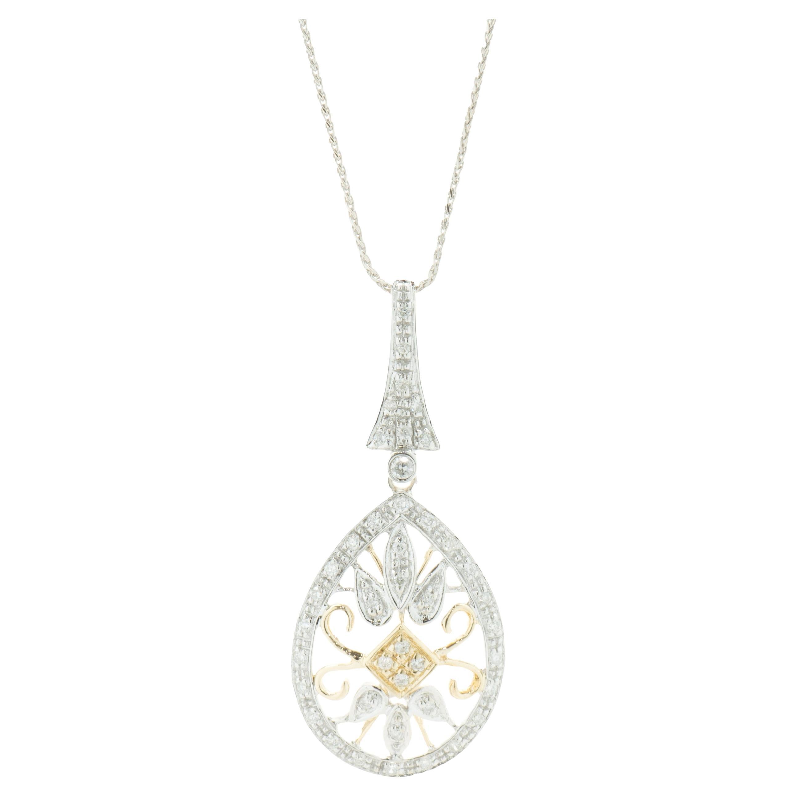 14 Karat Yellow & White Gold Diamond Filigree Necklace For Sale