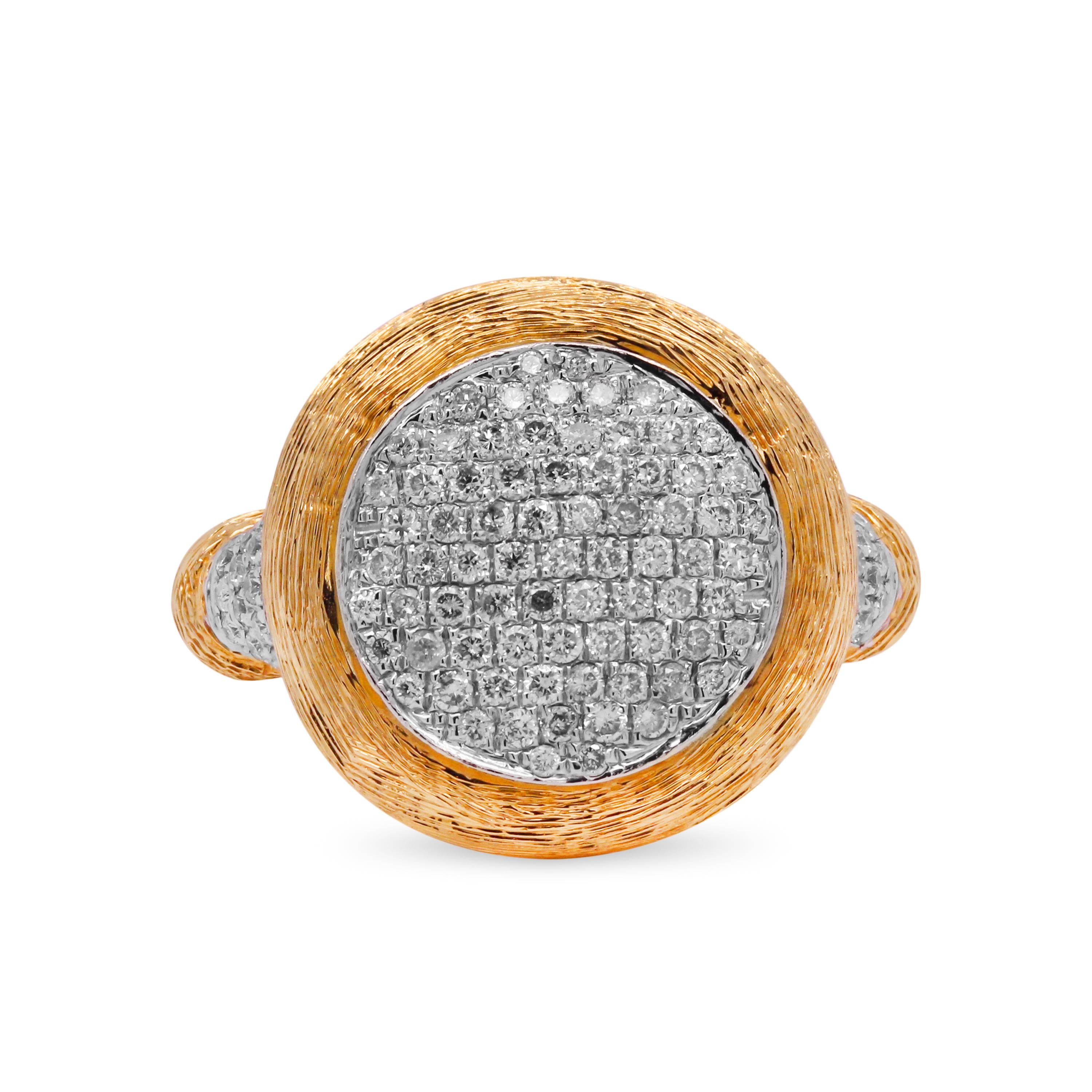 Contemporary 14 Karat Yellow White Gold Diamond Hammered Finish Ring For Sale