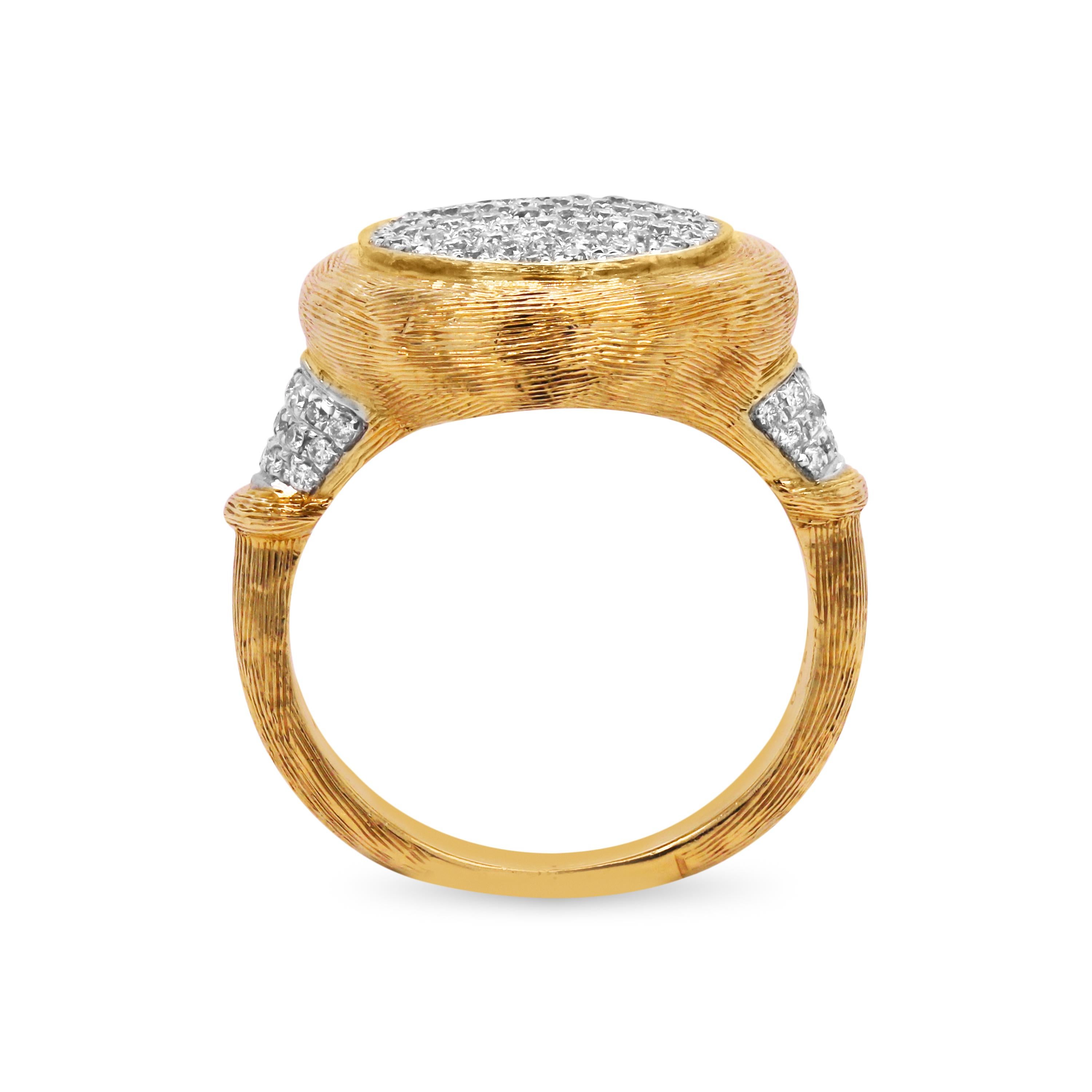 Women's 14 Karat Yellow White Gold Diamond Hammered Finish Ring For Sale