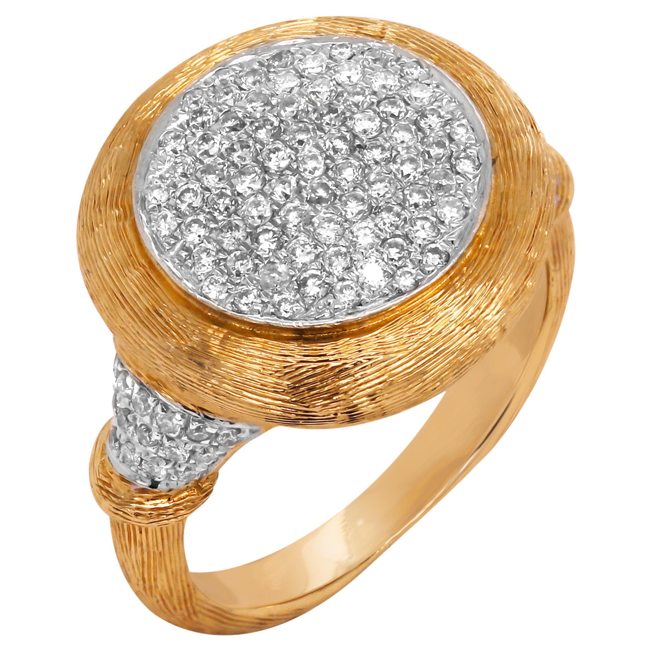 14 Karat Yellow White Gold Diamond Hammered Finish Ring For Sale