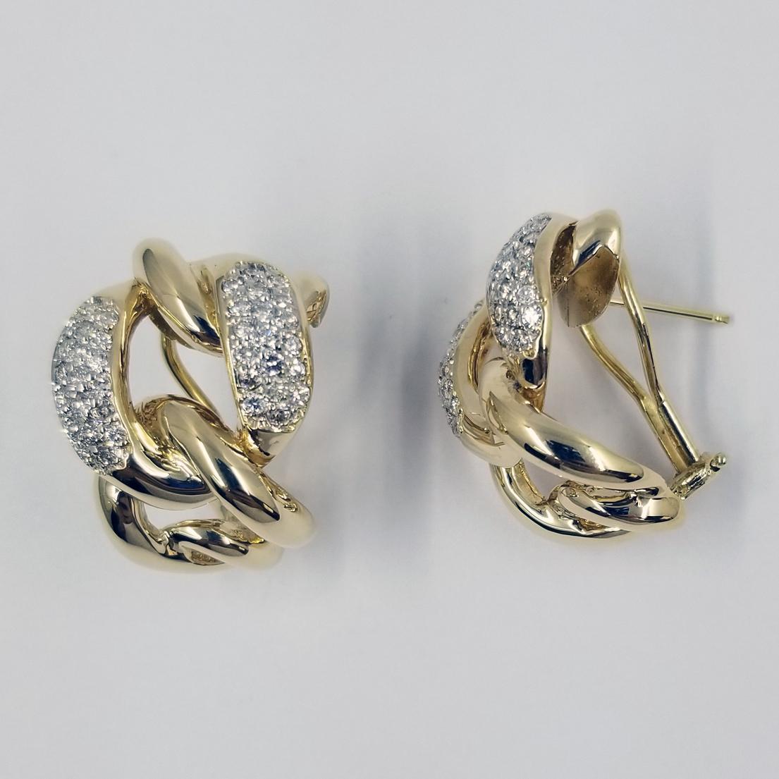 14 Karat Yellow and White Gold Diamond Link Earrings In Good Condition In Coral Gables, FL