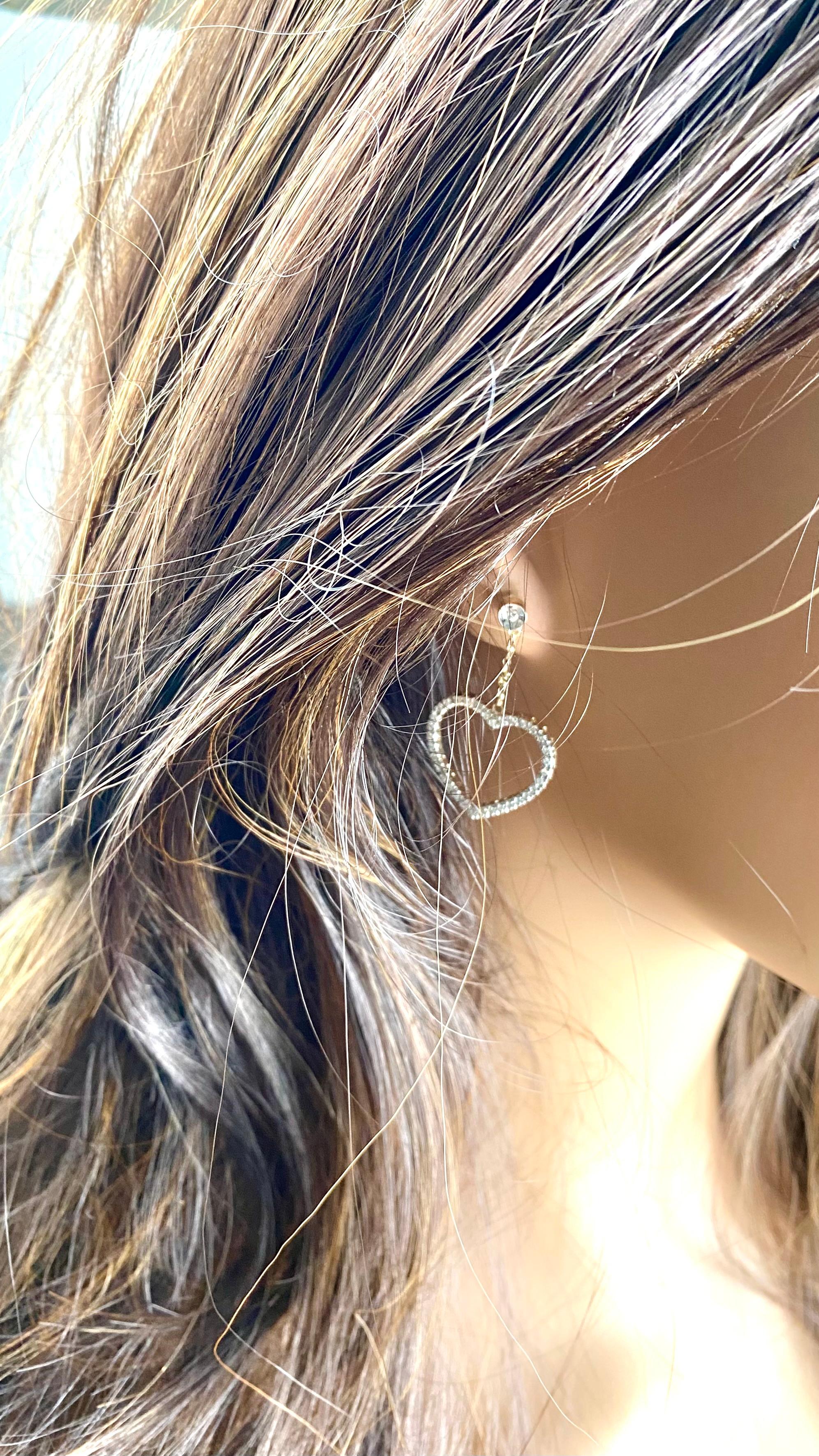 Brilliant Cut 14 Karat Yellow White Gold Diamond Open Delicate Heart 1.60 Inch Long Earrings For Sale