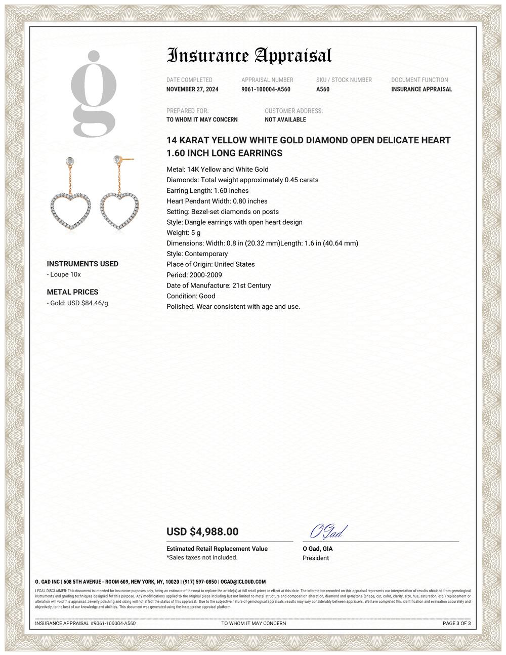 Contemporary 14 Karat Yellow White Gold Diamond Open Delicate Heart 1.60 Inch Long Earrings For Sale