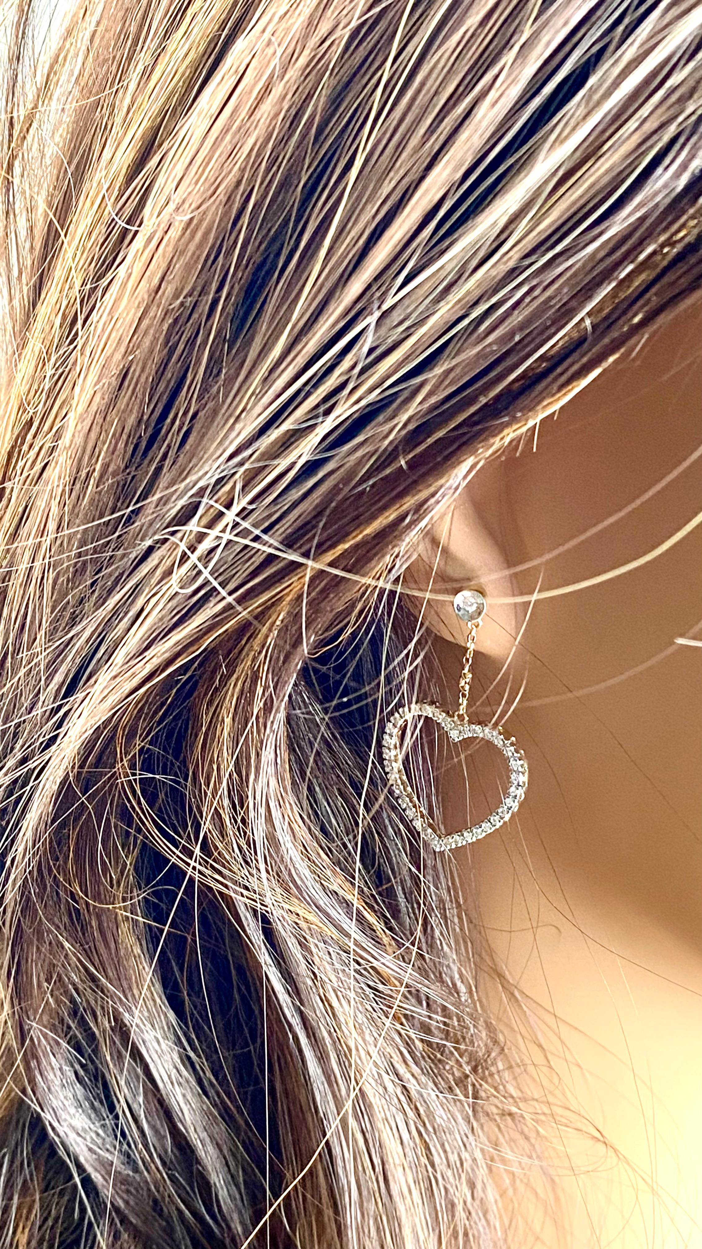 14 Karat Yellow White Gold Diamond Open Delicate Heart 1.60 Inch Long Earrings For Sale 1
