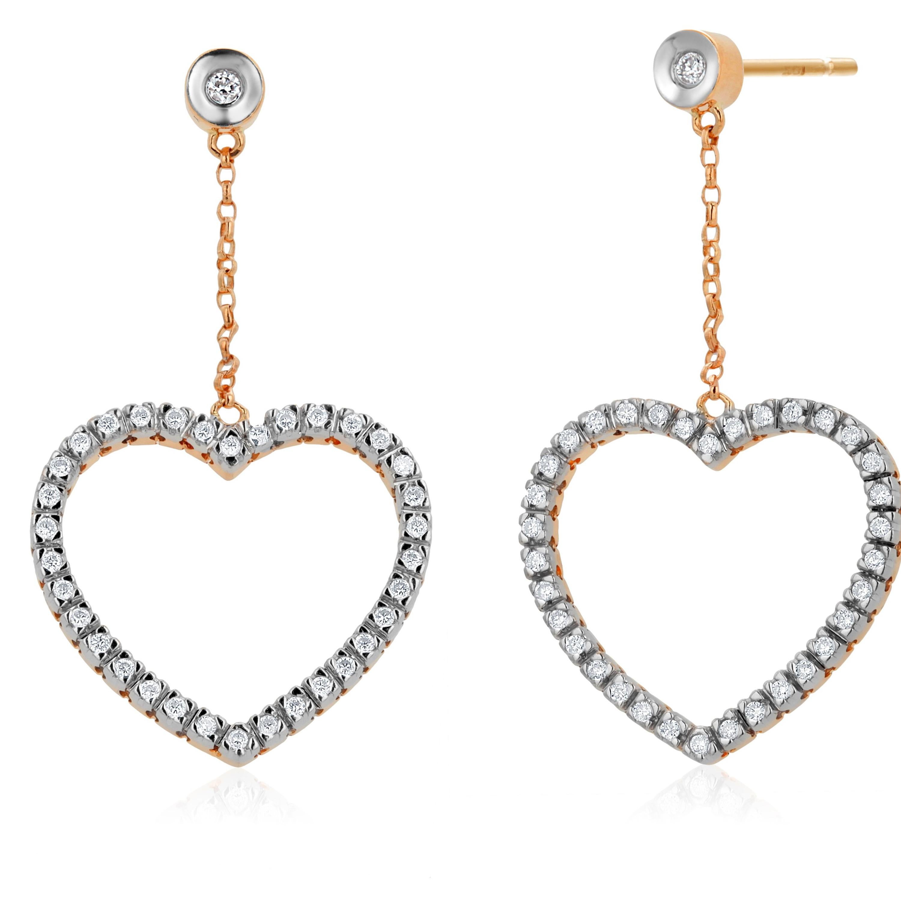 14 Karat Yellow White Gold Diamond Open Delicate Heart 1.60 Inch Long Earrings For Sale 2