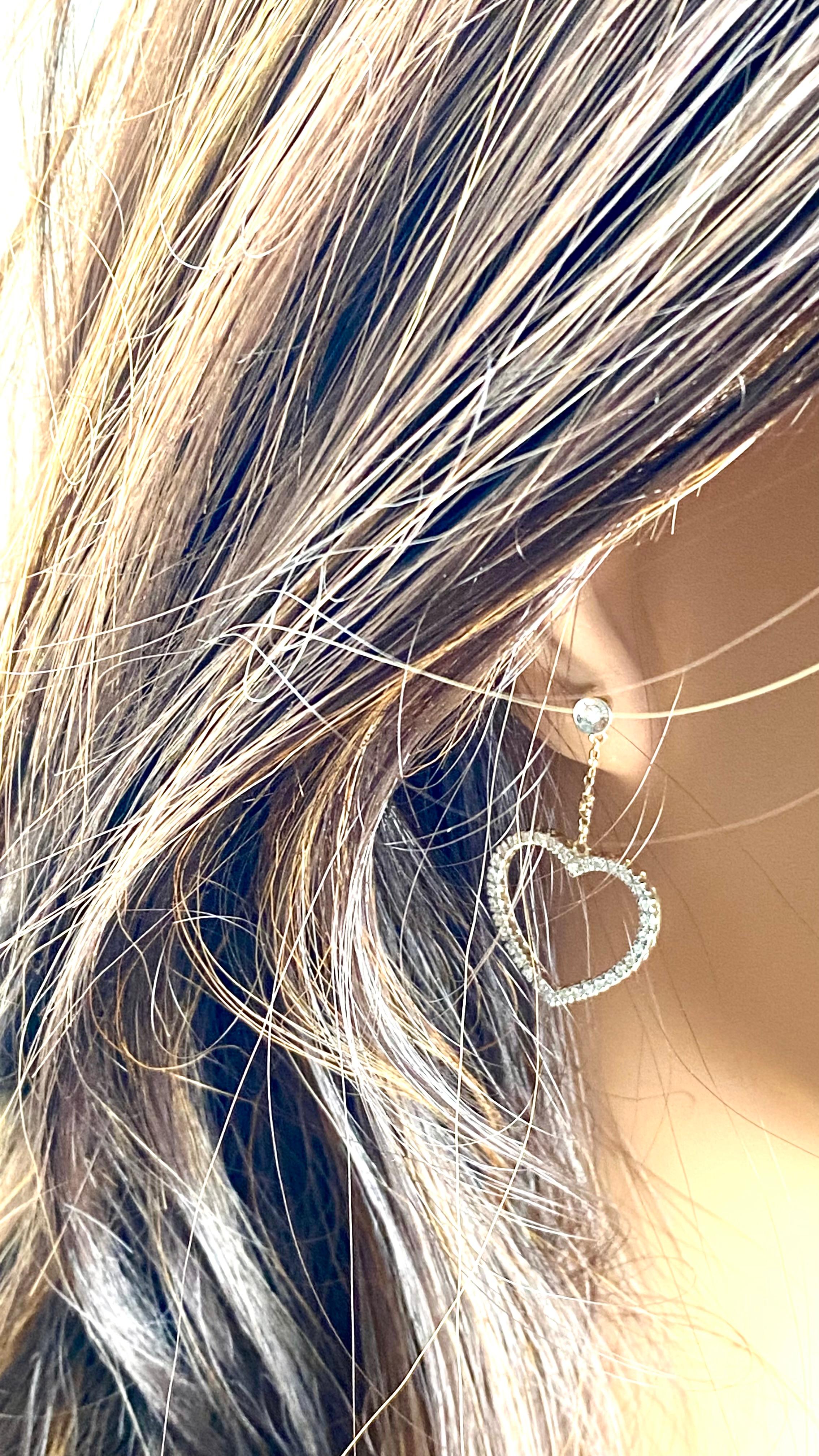 14 Karat Yellow White Gold Diamond Open Delicate Heart 1.60 Inch Long Earrings For Sale 4
