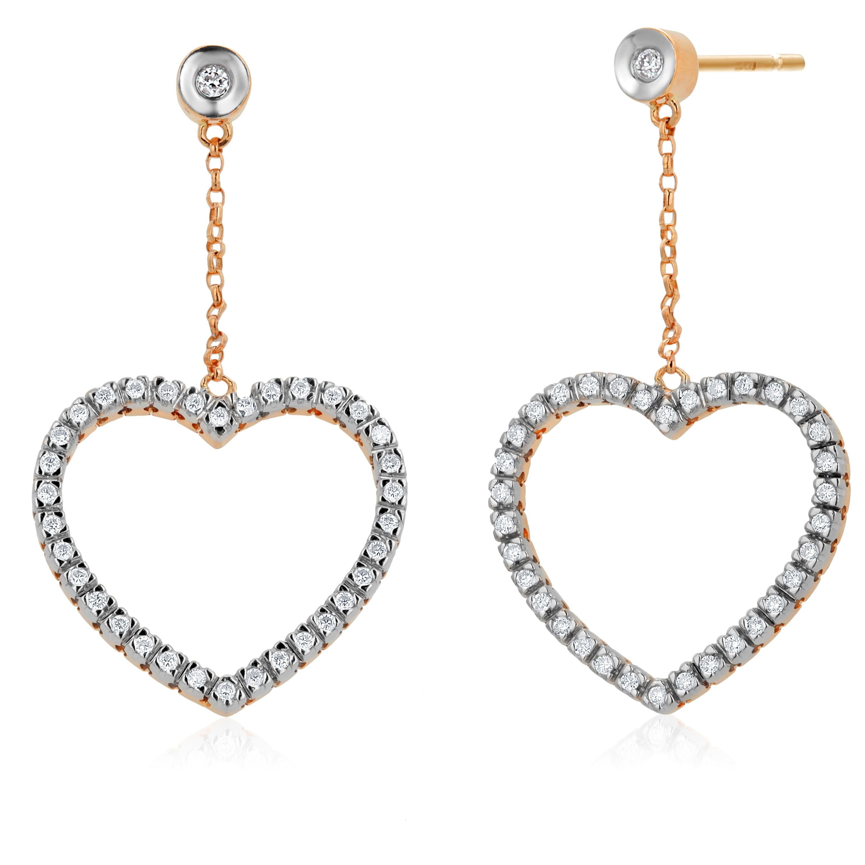 14 Karat Yellow White Gold Diamond Open Delicate Heart 1.60 Inch Long Earrings For Sale 5