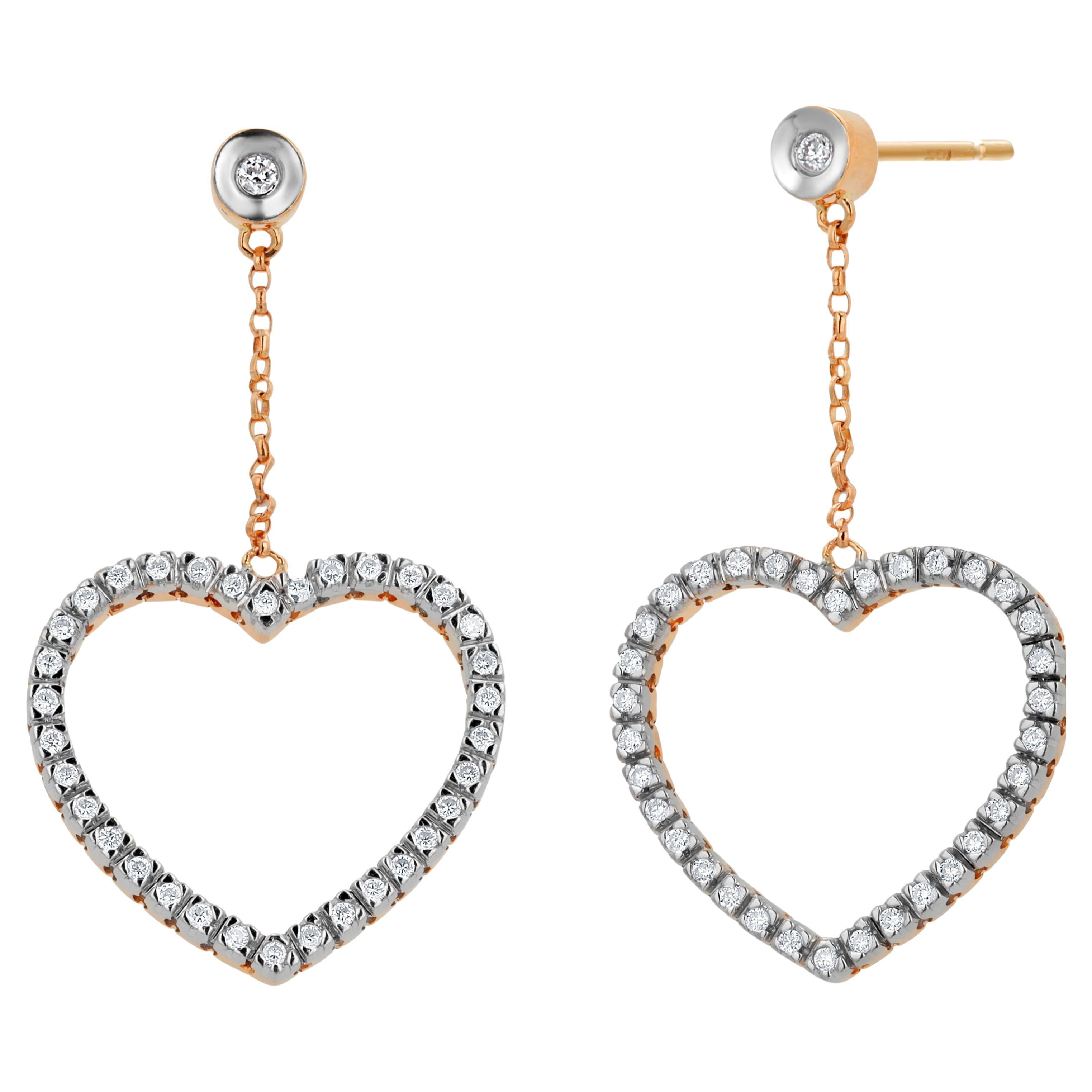 14 Karat Yellow White Gold Diamond Open Delicate Heart 1.60 Inch Long Earrings For Sale