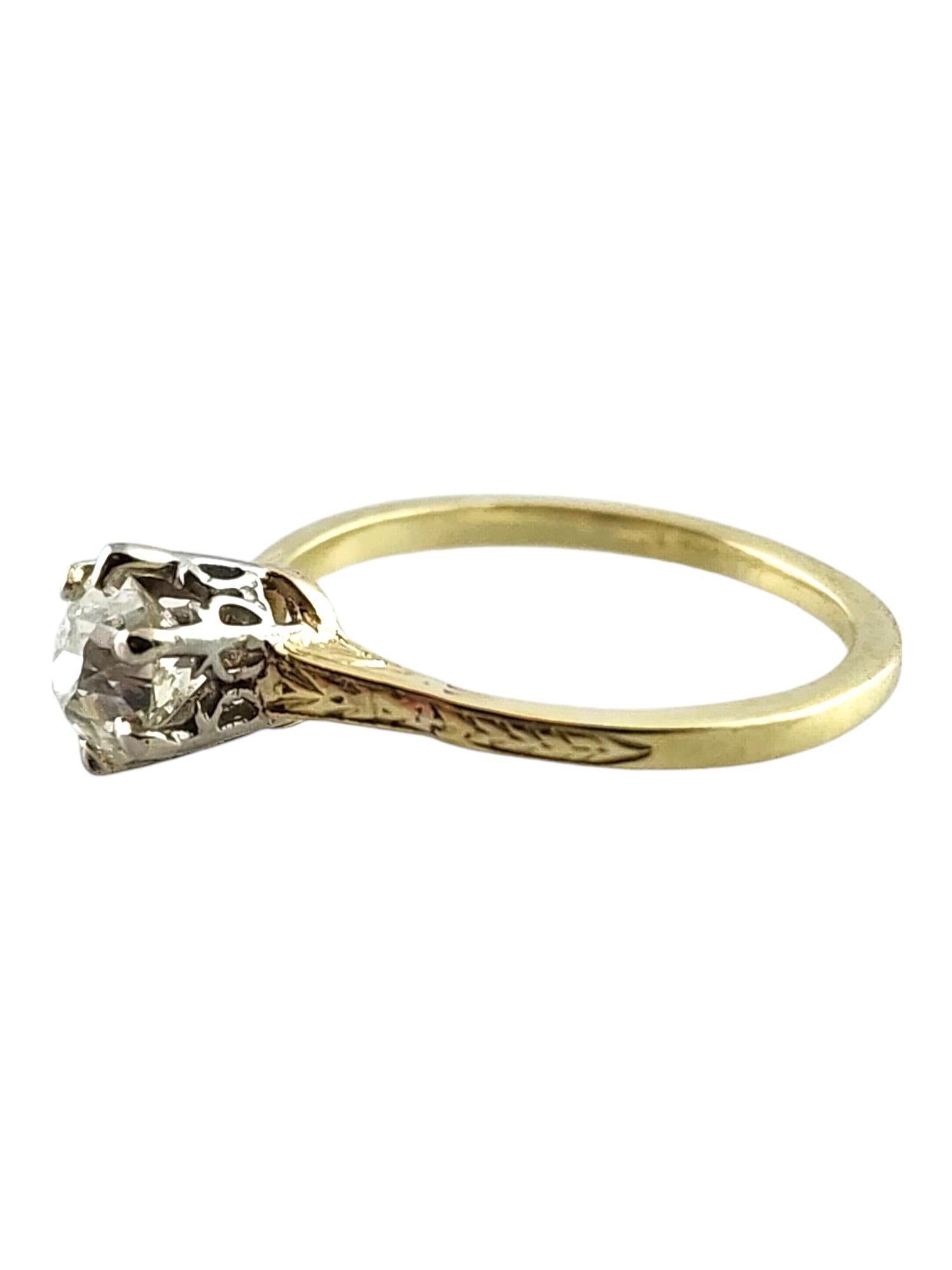 14 Karat Yellow & White Gold Diamond Ring Size 6 

This beautiful ring features a 14K yellow gold band with a sparkling old mine cut diamond set in 14K white gold prongs!

Approximate total diamond weight: .65 cts

Diamond color: L

Diamond clarity: