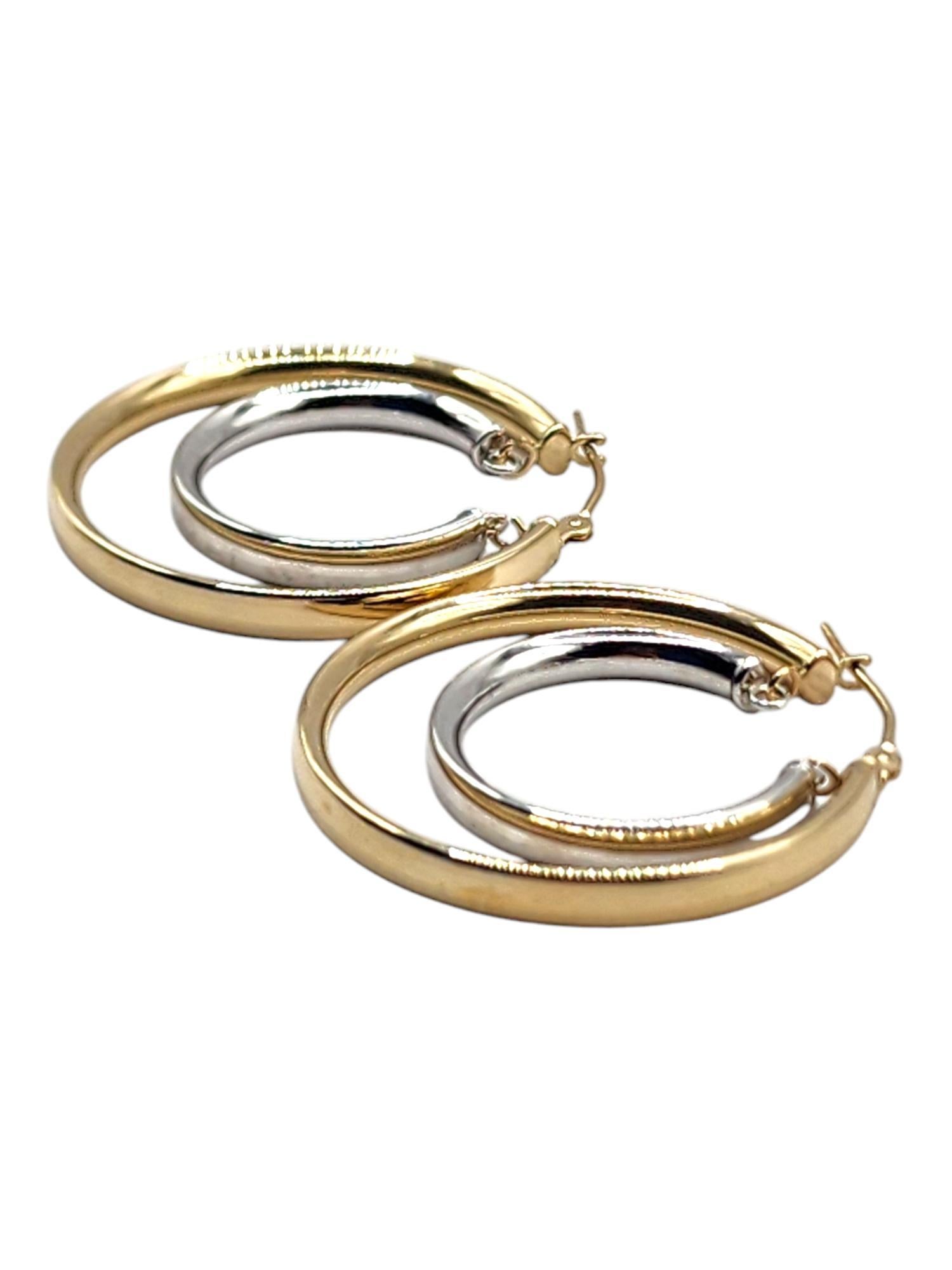 14 Karat Yellow & White Gold Double Hoop Earrings #20456 In Good Condition For Sale In Washington Depot, CT