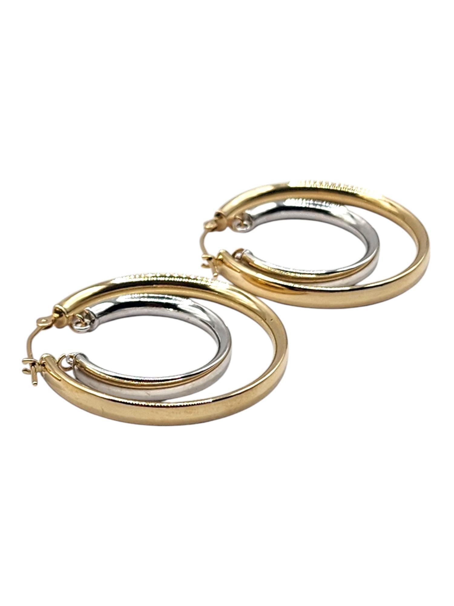 Women's 14 Karat Yellow & White Gold Double Hoop Earrings #20456 For Sale