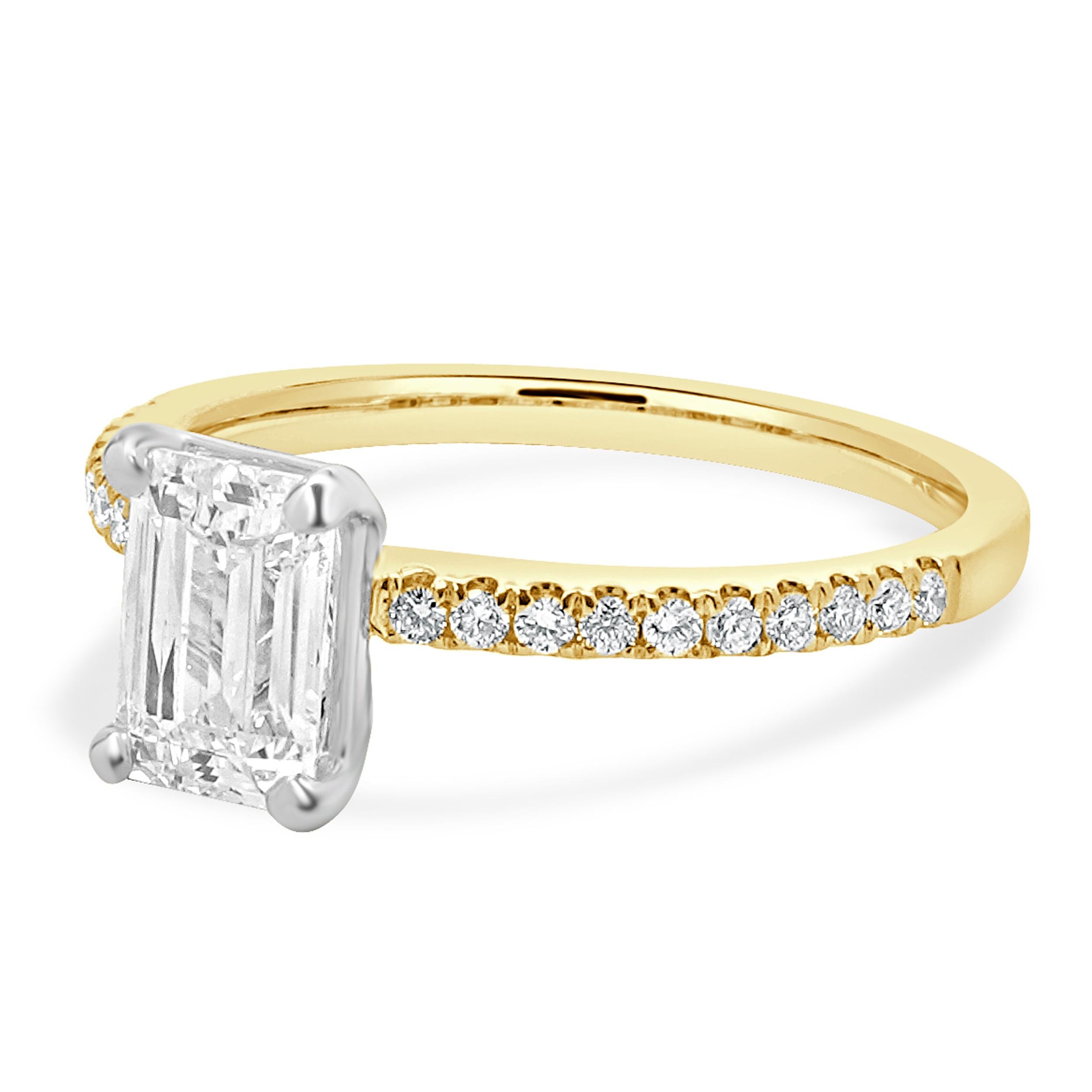 Designer: custom
Material: 14K yellow & white gold
Diamond:  1 emerald cut = 1.02ct
Color: D
Clarity: I1
GIA: 7235319367
Diamond: round brilliant cut = 0.15cttw
Color: G
Clarity: SI1
Ring Size: 6 (complimentary sizing available)
Weight: 2.55 grams
