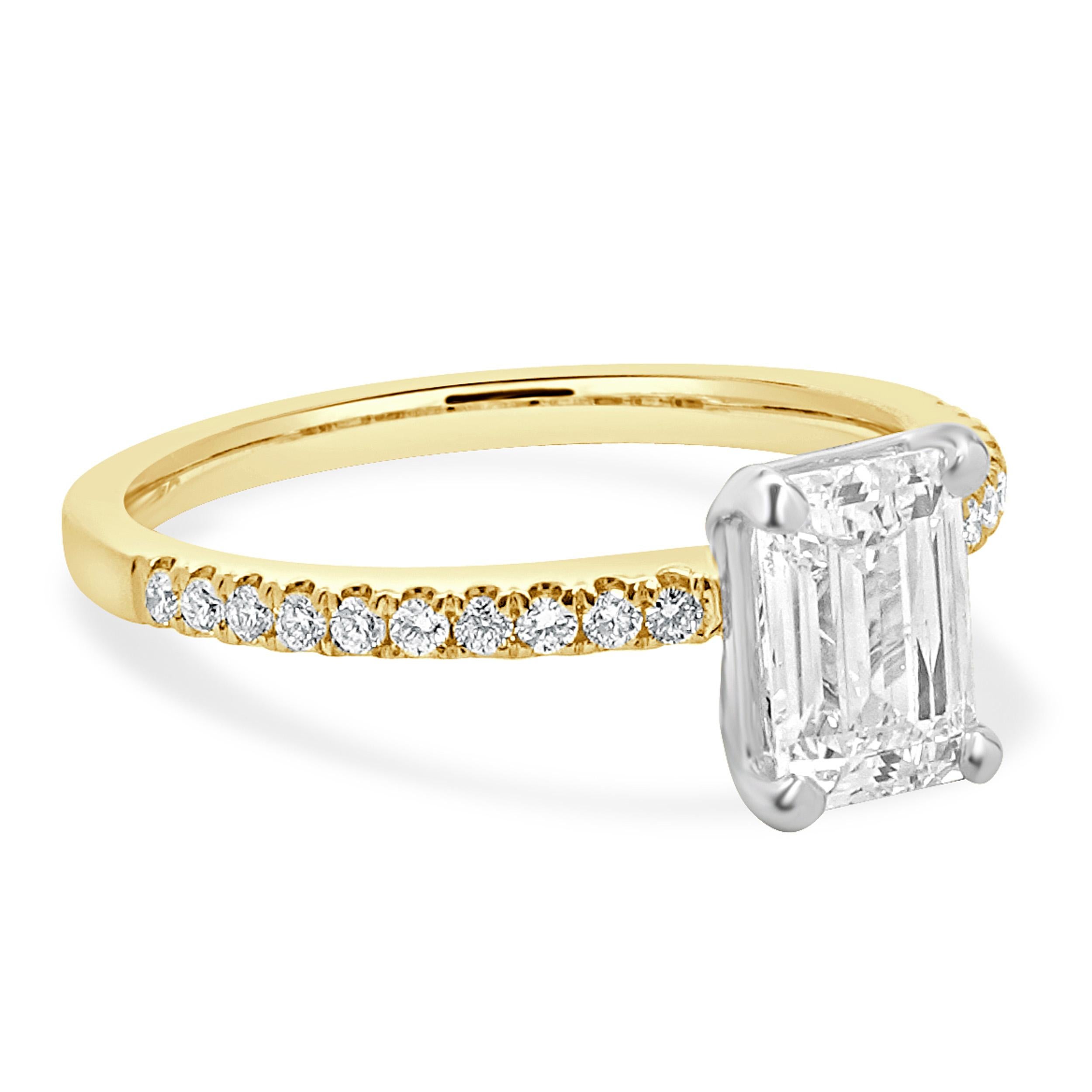 Women's 14 Karat Yellow & White Gold Emerald Cut Diamond Engagement Ring For Sale