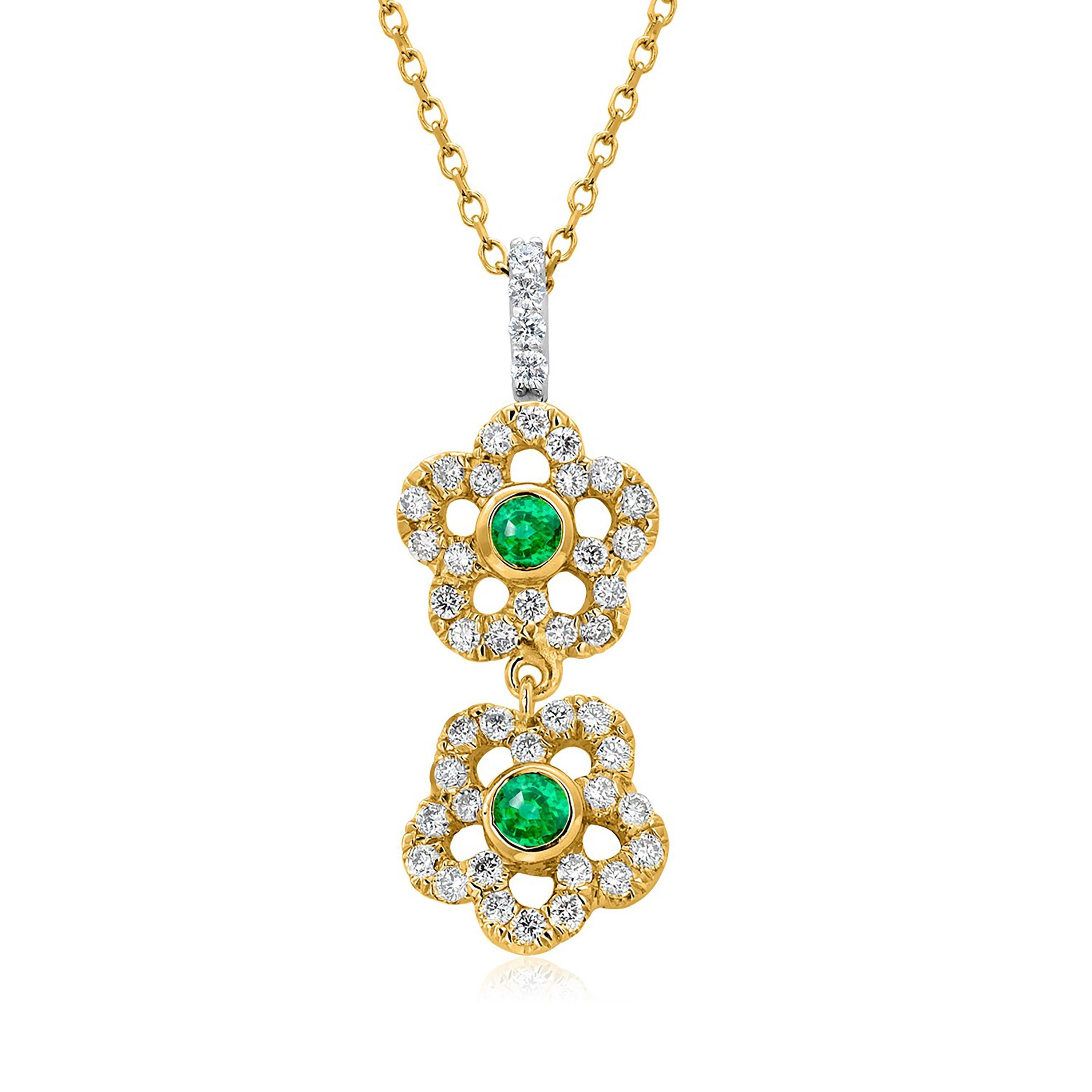 Women's 14 Karat Yellow White Gold Floral Pendant Necklace with Emeralds and Diamonds For Sale