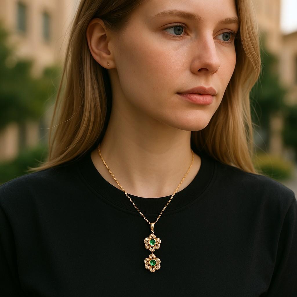 Contemporary 14 Karat Yellow White Gold Floral Pendant Necklace with Emeralds and Diamonds For Sale