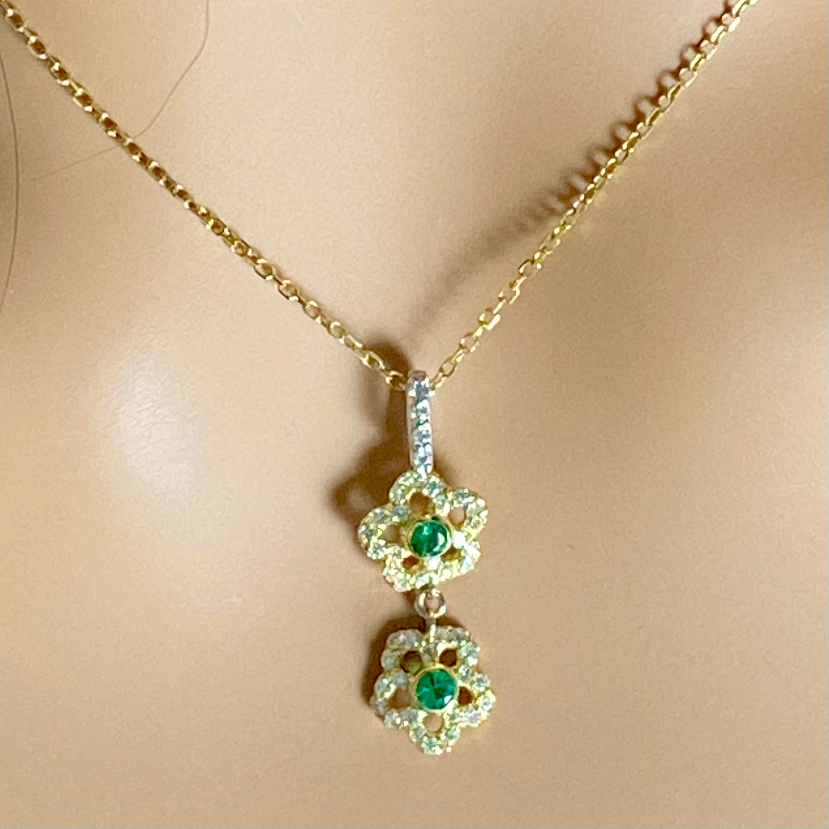 14 Karat Yellow White Gold Floral Pendant Necklace with Emeralds and Diamonds For Sale 1
