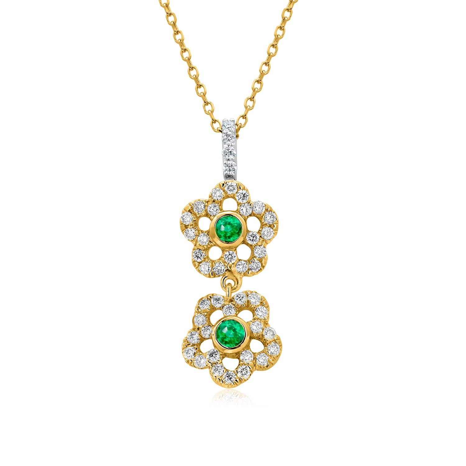 14 Karat Yellow White Gold Floral Pendant Necklace with Emeralds and Diamonds For Sale 2