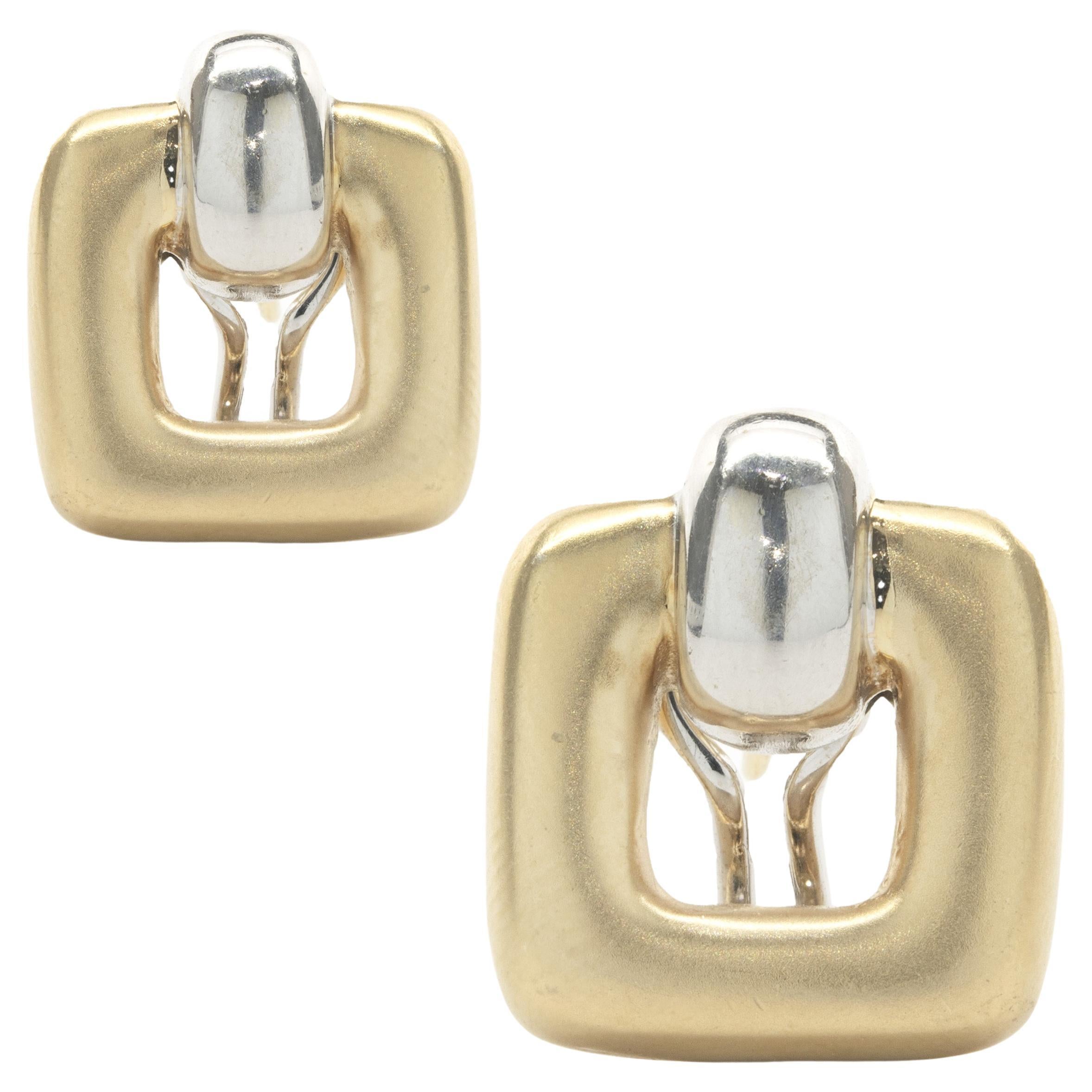 14 Karat Yellow & White Gold Geometric Square Cutout Earrings For Sale