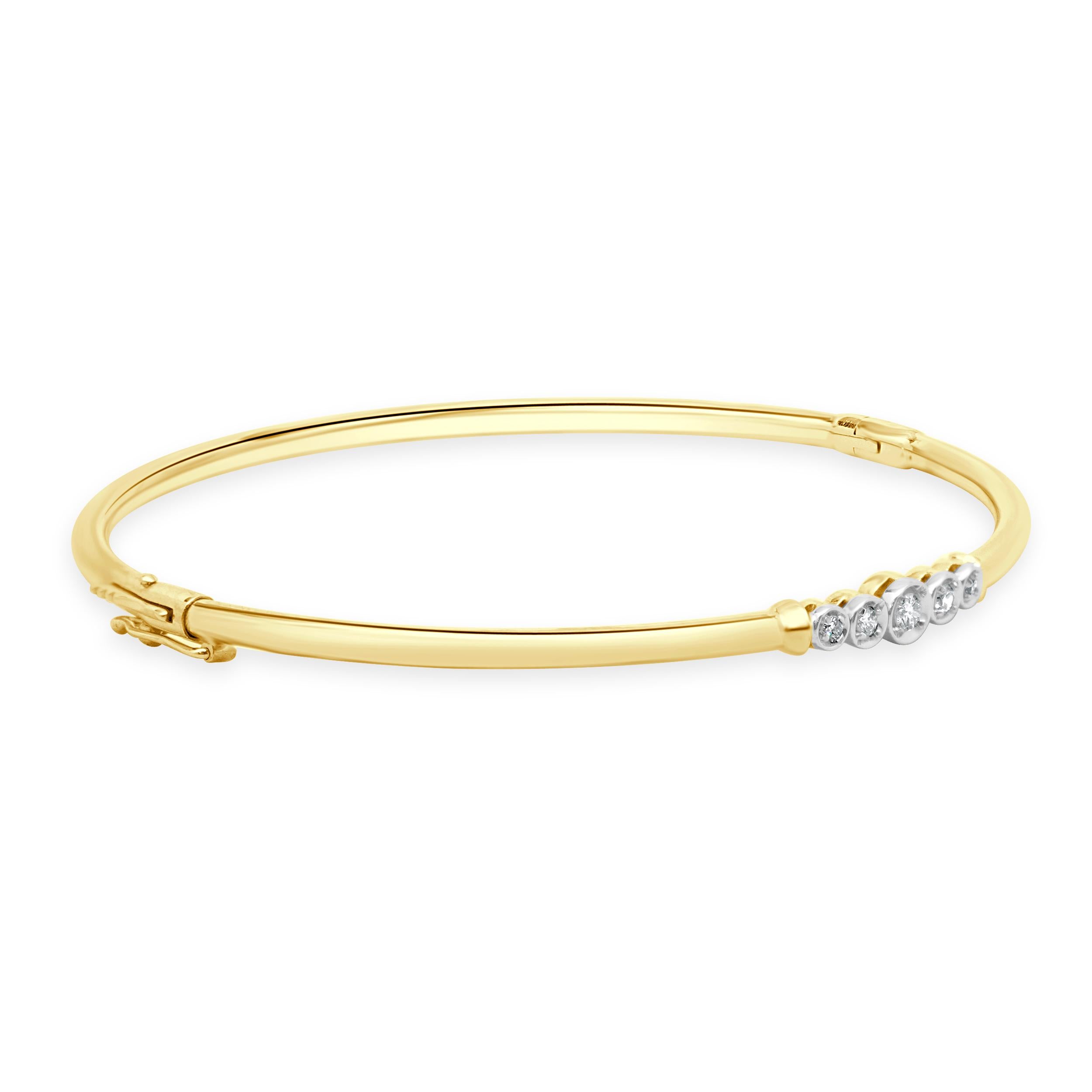 Designer: custom design
Material: 14K yellow & white gold
Diamond: 5 round cut = 0.15cttw
Color: H 
Clarity: SI2
Dimensions: bracelet will fit up to a 6.75-inch wrist
Weight: 4.61 grams

