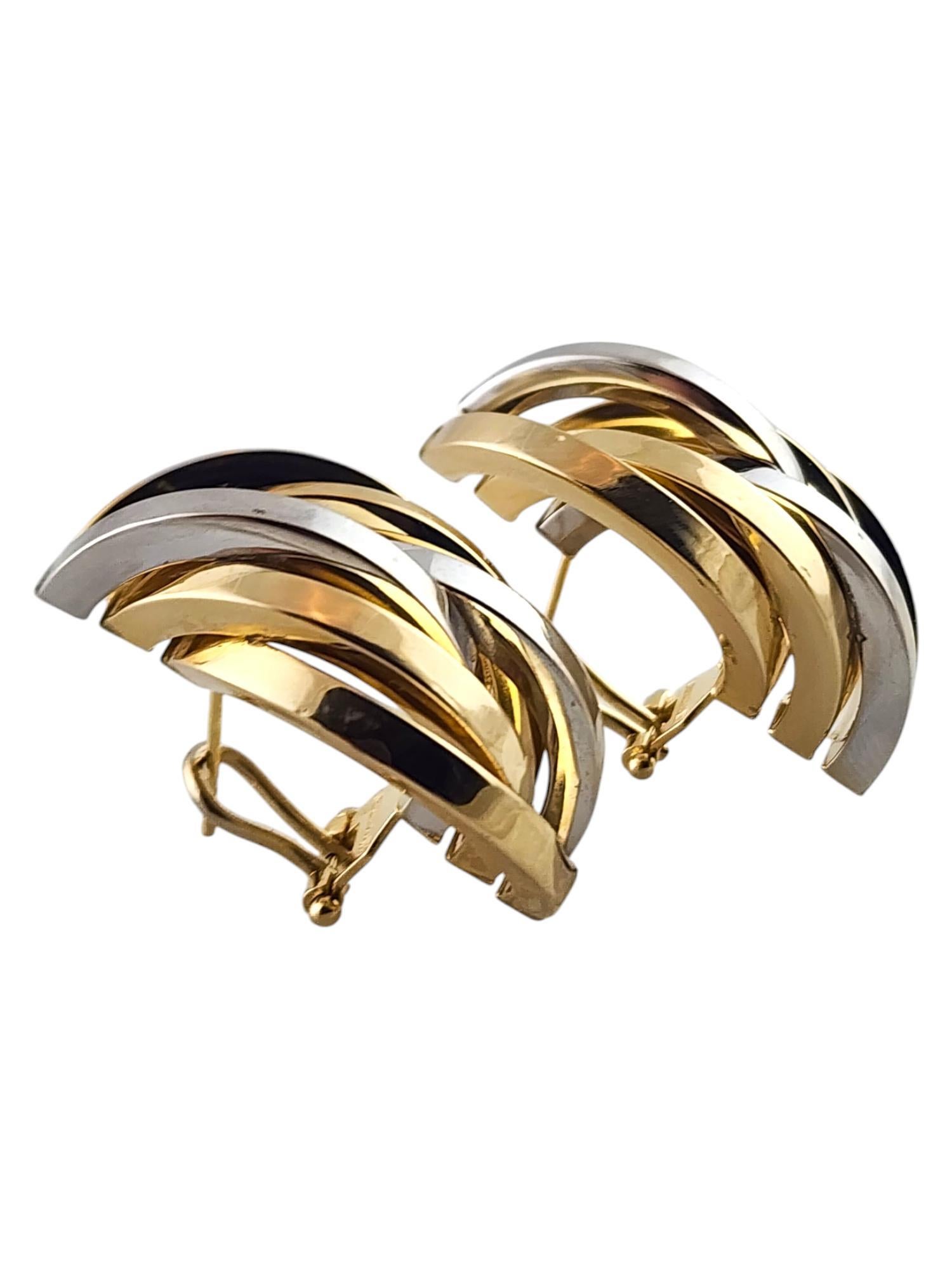 Contemporary 14 Karat Yellow & White Gold Omega Back Abstract Half Hoop Earrings #19803 For Sale
