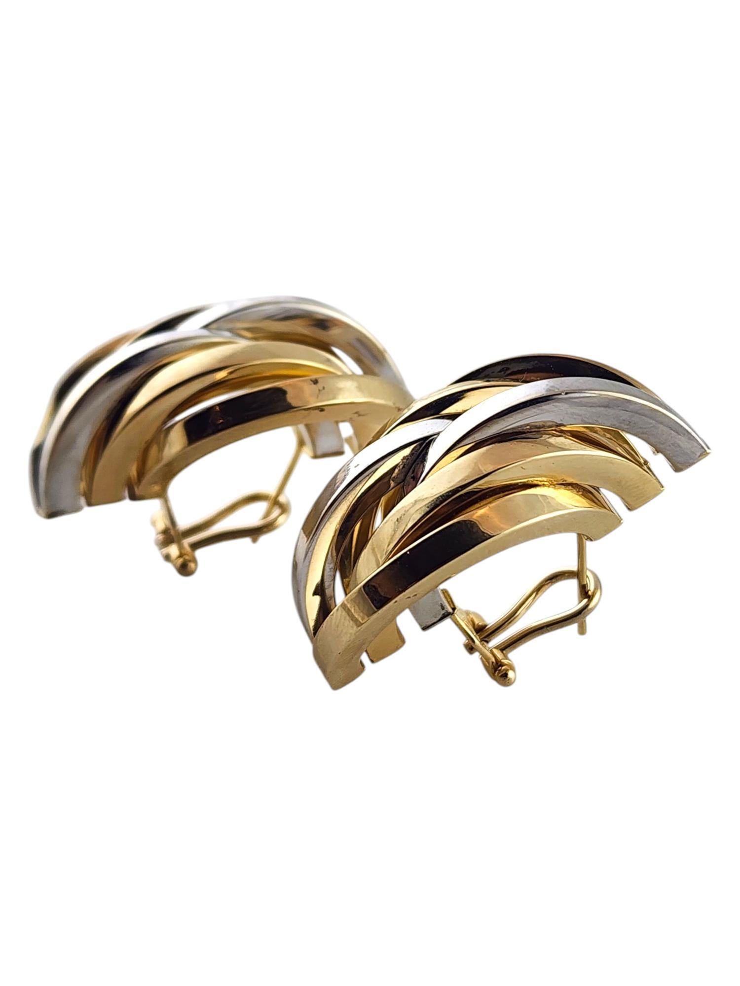 14 Karat Yellow & White Gold Omega Back Abstract Half Hoop Earrings #19803 In Good Condition For Sale In Washington Depot, CT