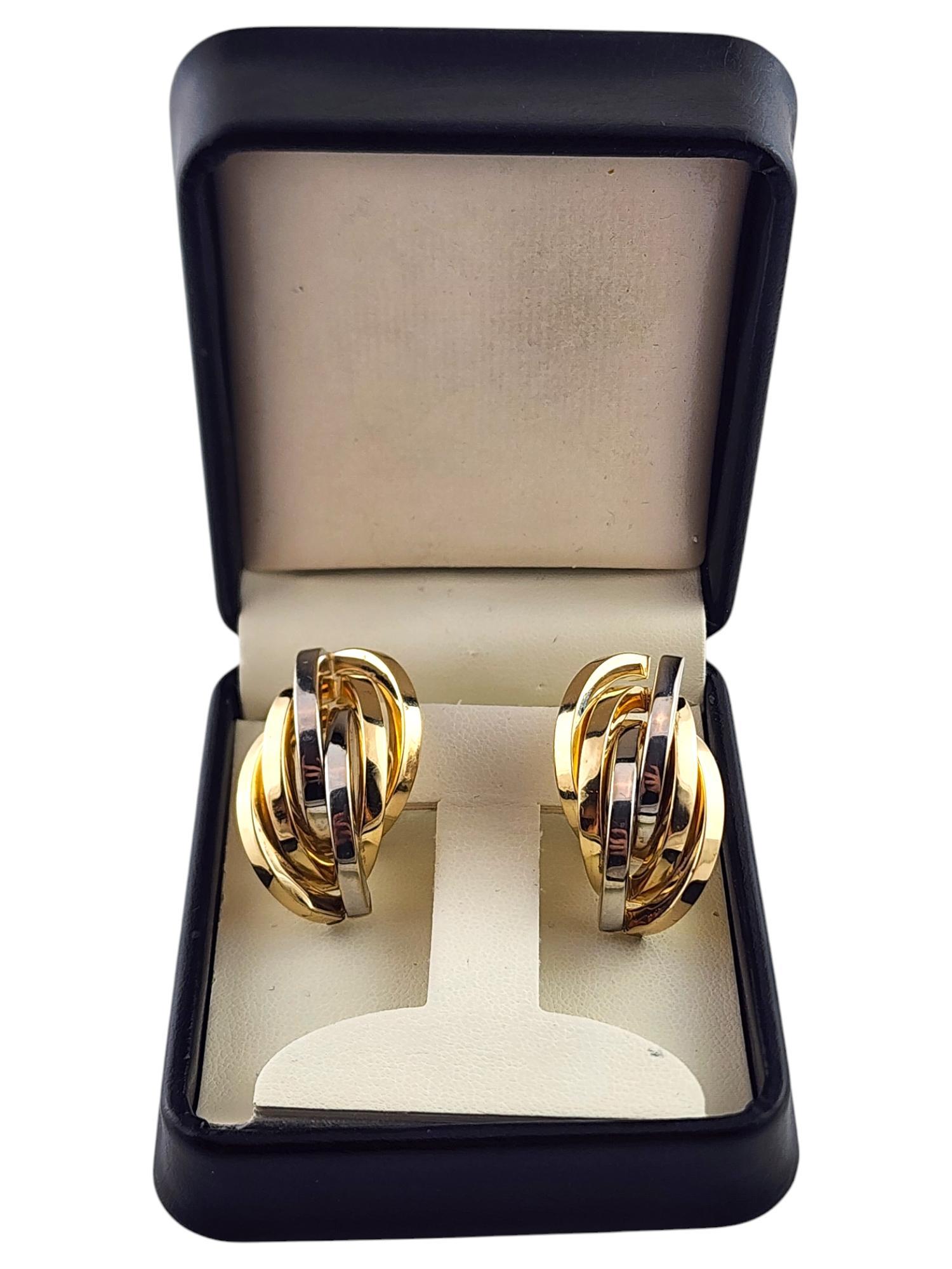 14 Karat Yellow & White Gold Omega Back Abstract Half Hoop Earrings #19803 For Sale 3