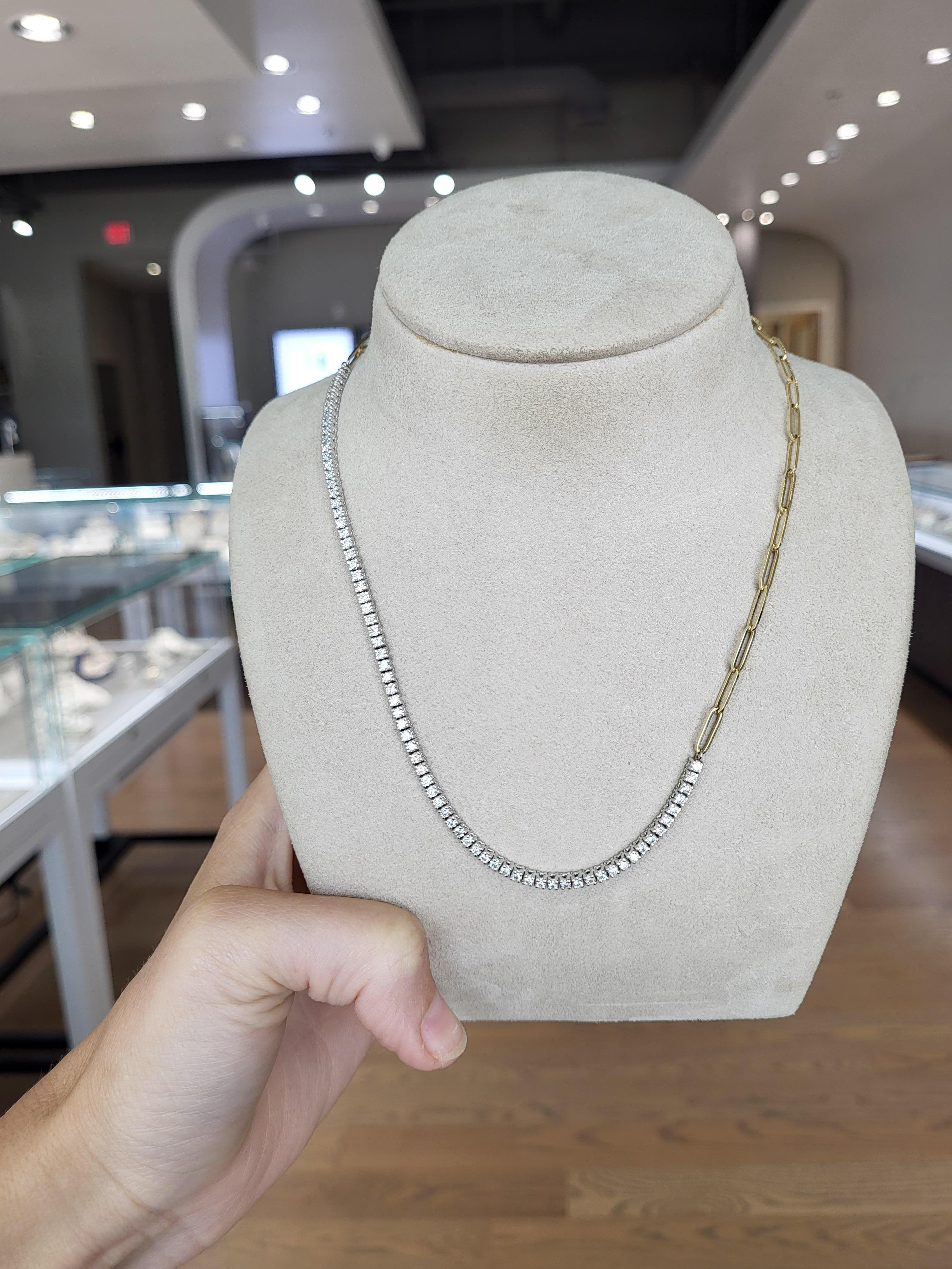 14 Karat Gelb- und Weißgold Büroklammer und Diamant-Tennis-Halskette für Damen oder Herren