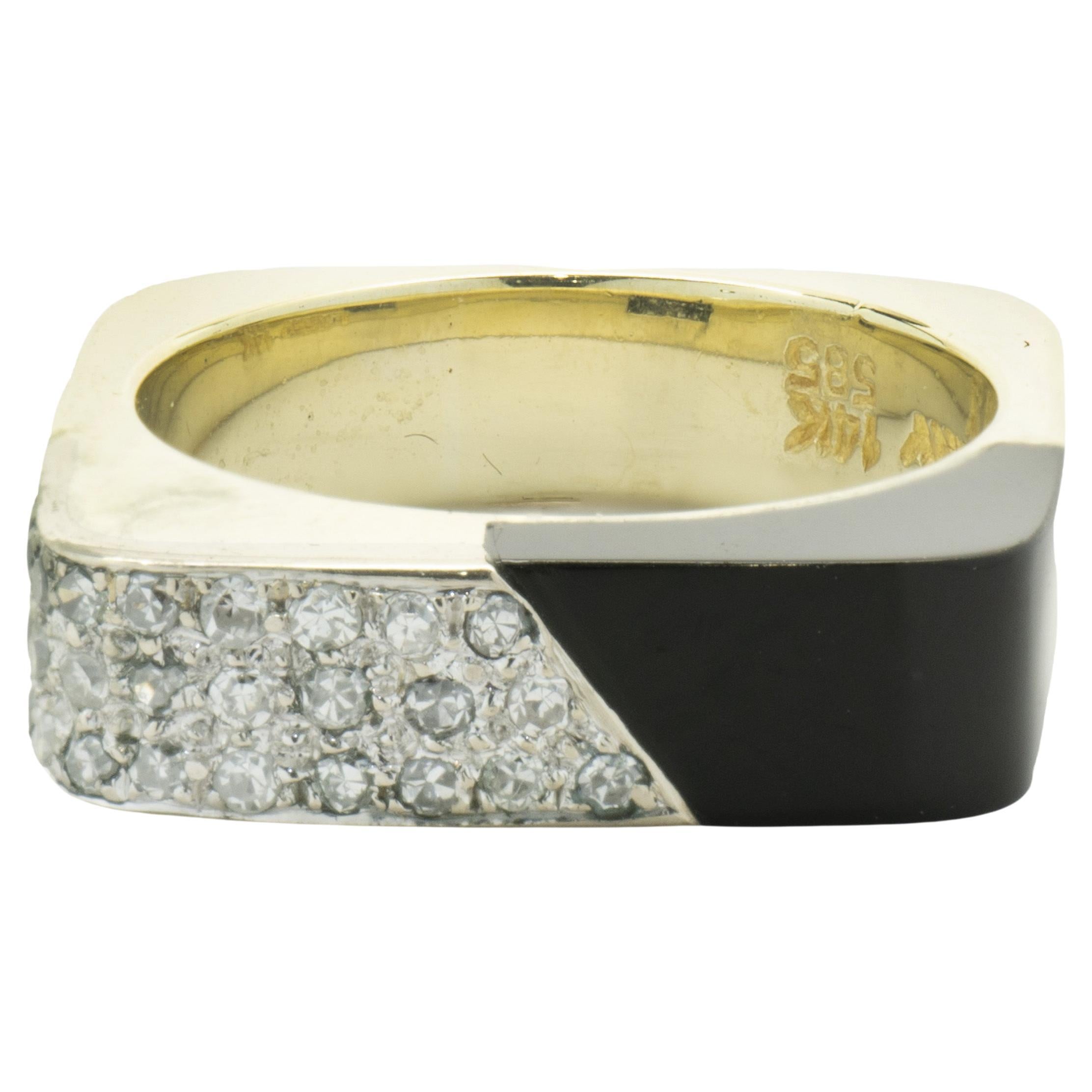 14 Karat Yellow 
White Gold Pave Diamond and Black Onyx Box Ring