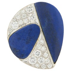18 Karat Yellow 
White Gold Pave Diamond and Lapis Pear Shape Plateau Ring