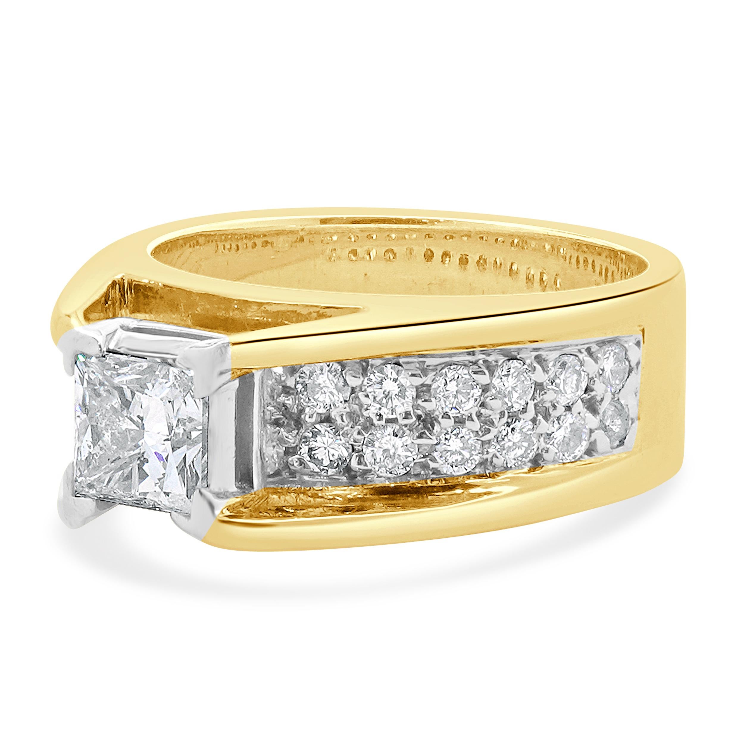 Designer: custom
Material: 14K yellow & white gold
Diamond:  1 princess cut = 0.65ct
Color: H
Clarity: I2
Diamond:  28 round brilliant cut = 0.42cttw
Color: H 
Clarity: SI2-I1
Dimensions: ring top measures 7.6mm wide
Ring Size: 5 (complimentary