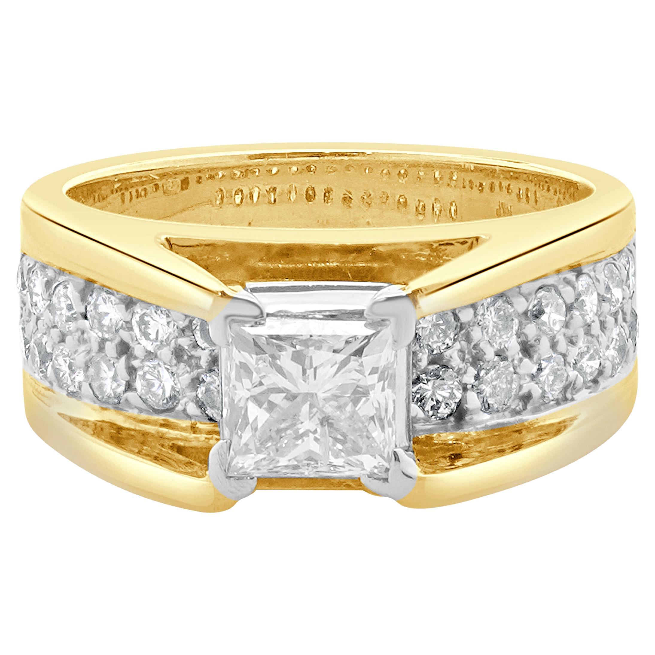 14 Karat Yellow & White Gold Princess Cut Diamond Engagement Ring For Sale