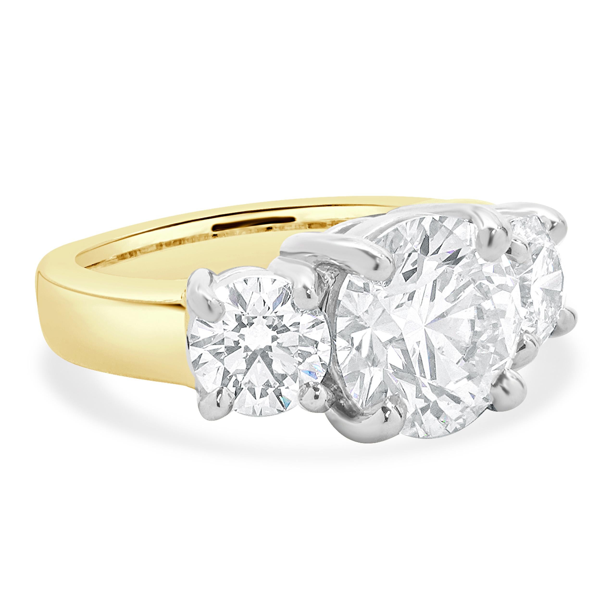 Women's 14 Karat Yellow & White Gold Round Brilliant Cut Three Diamond Engagement Ring For Sale